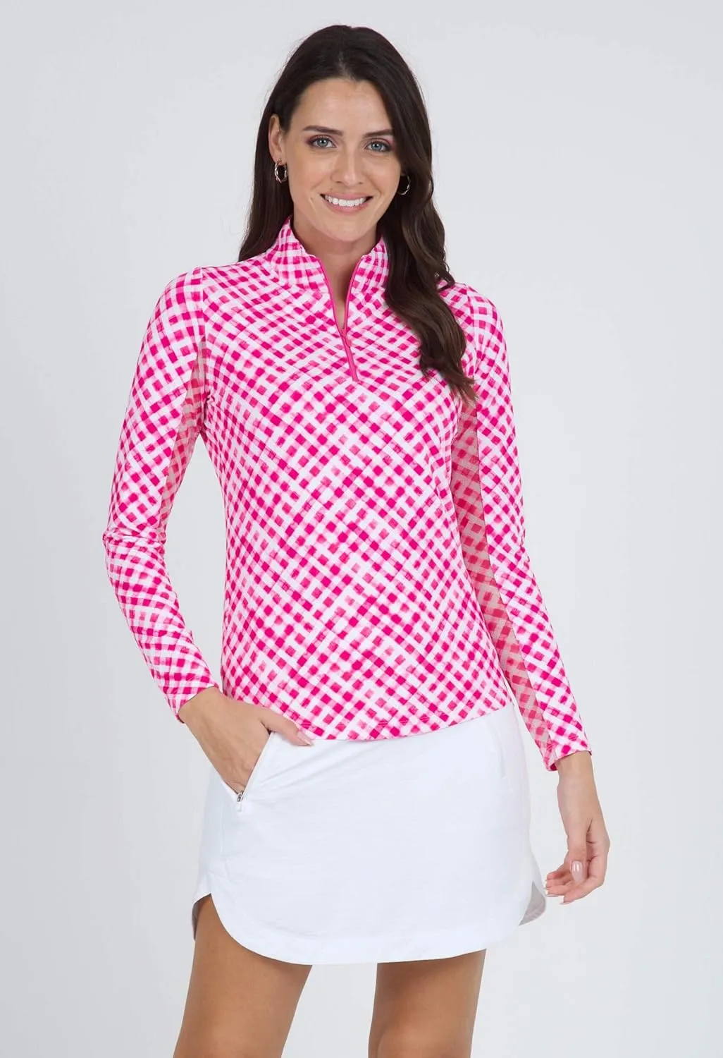 IBKUL Athleisure Wear Sun Protective UPF 50  Icefil Cooling Gingham Check Print Long Sleeve Mock Neck Top – 10876