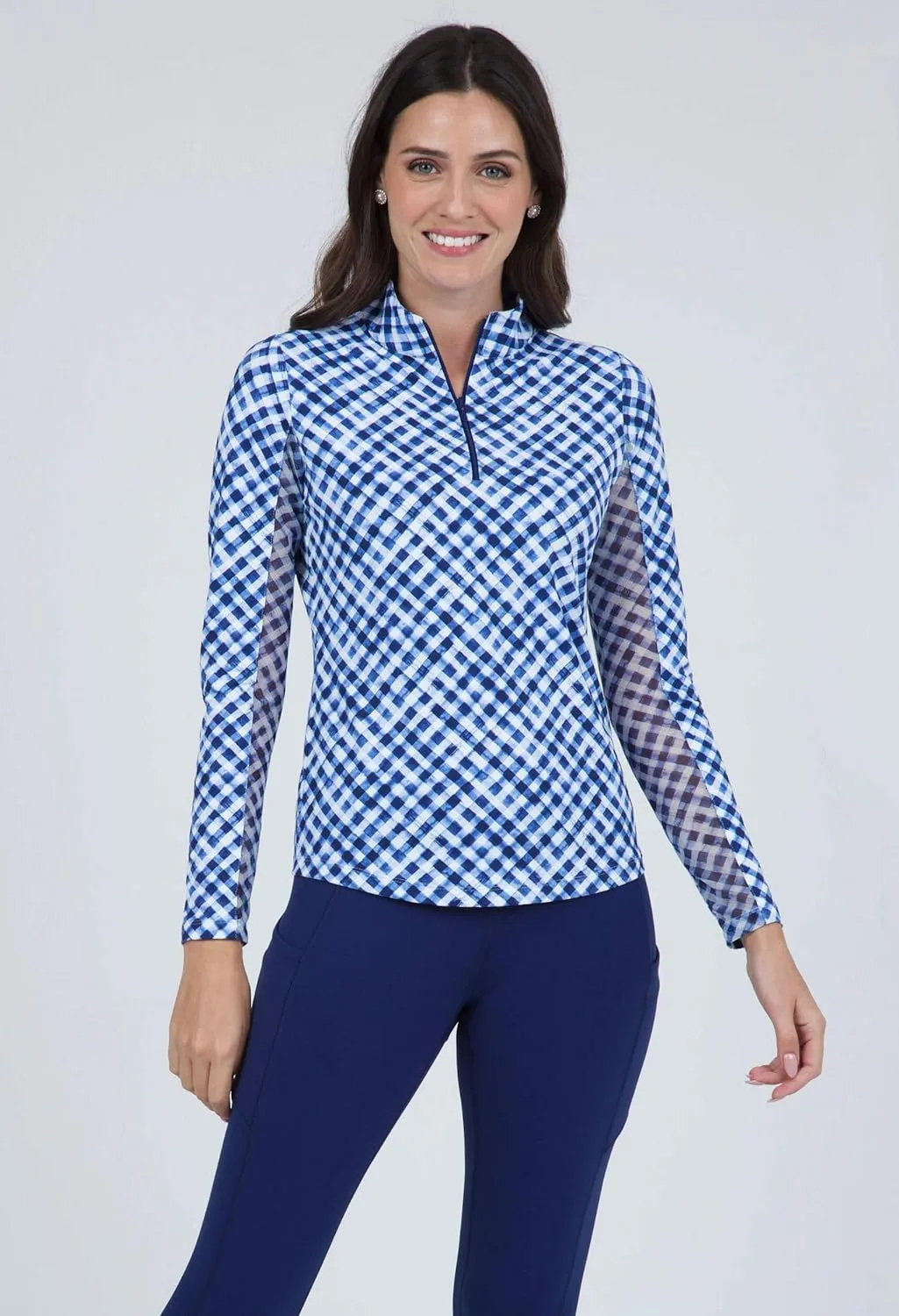 IBKUL Athleisure Wear Sun Protective UPF 50  Icefil Cooling Gingham Check Print Long Sleeve Mock Neck Top – 10876