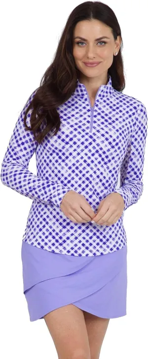 IBKUL Athleisure Wear Sun Protective UPF 50  Icefil Cooling Gingham Check Print Long Sleeve Mock Neck Top – 10876