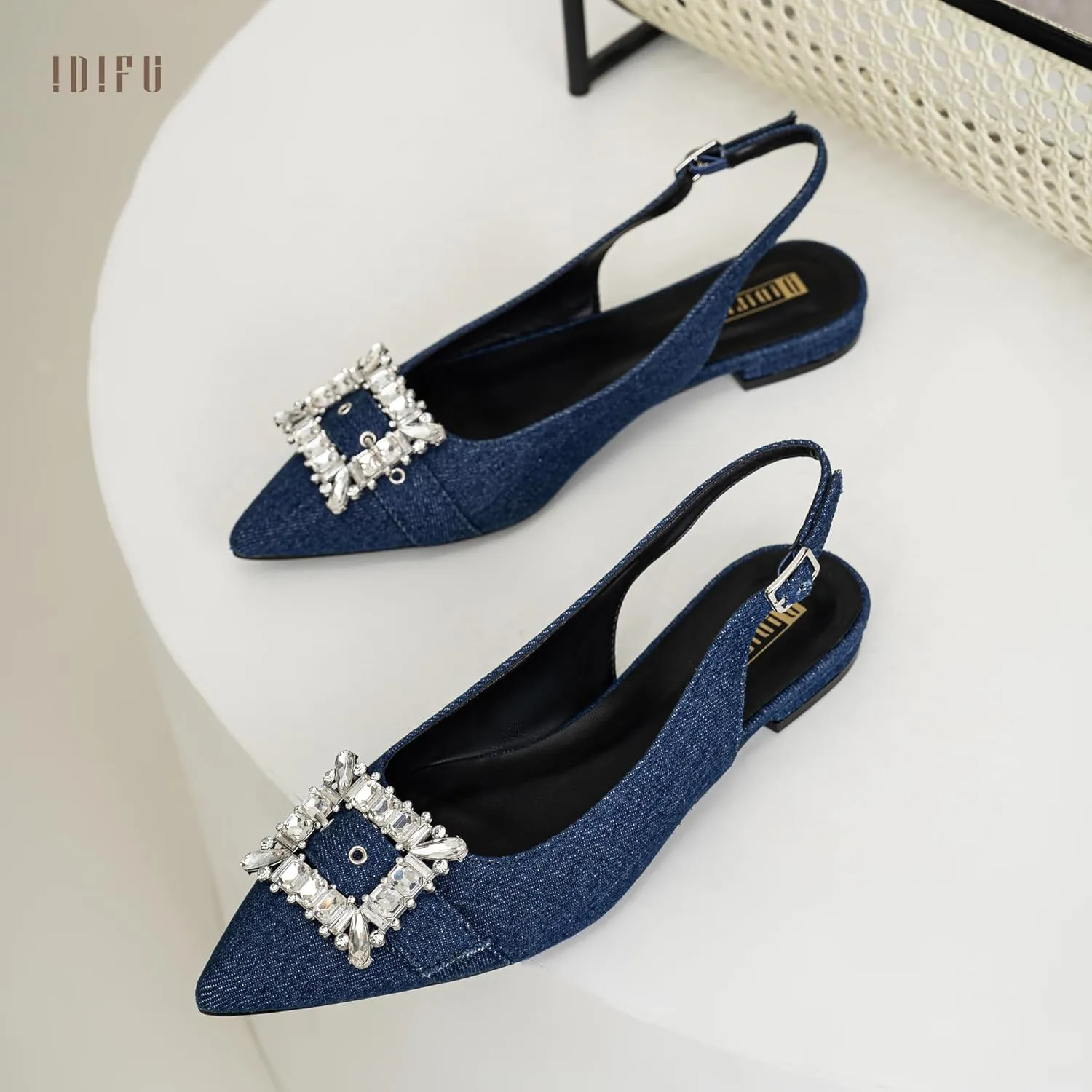 IDIFU Slingback Flats for Women Pointed Toe Rhinestone Buckle Flats for Women Dressy Casual Fashion Comfortable Sexy Work Office Daily Wedding Party Bridal Dress Shoes for Women