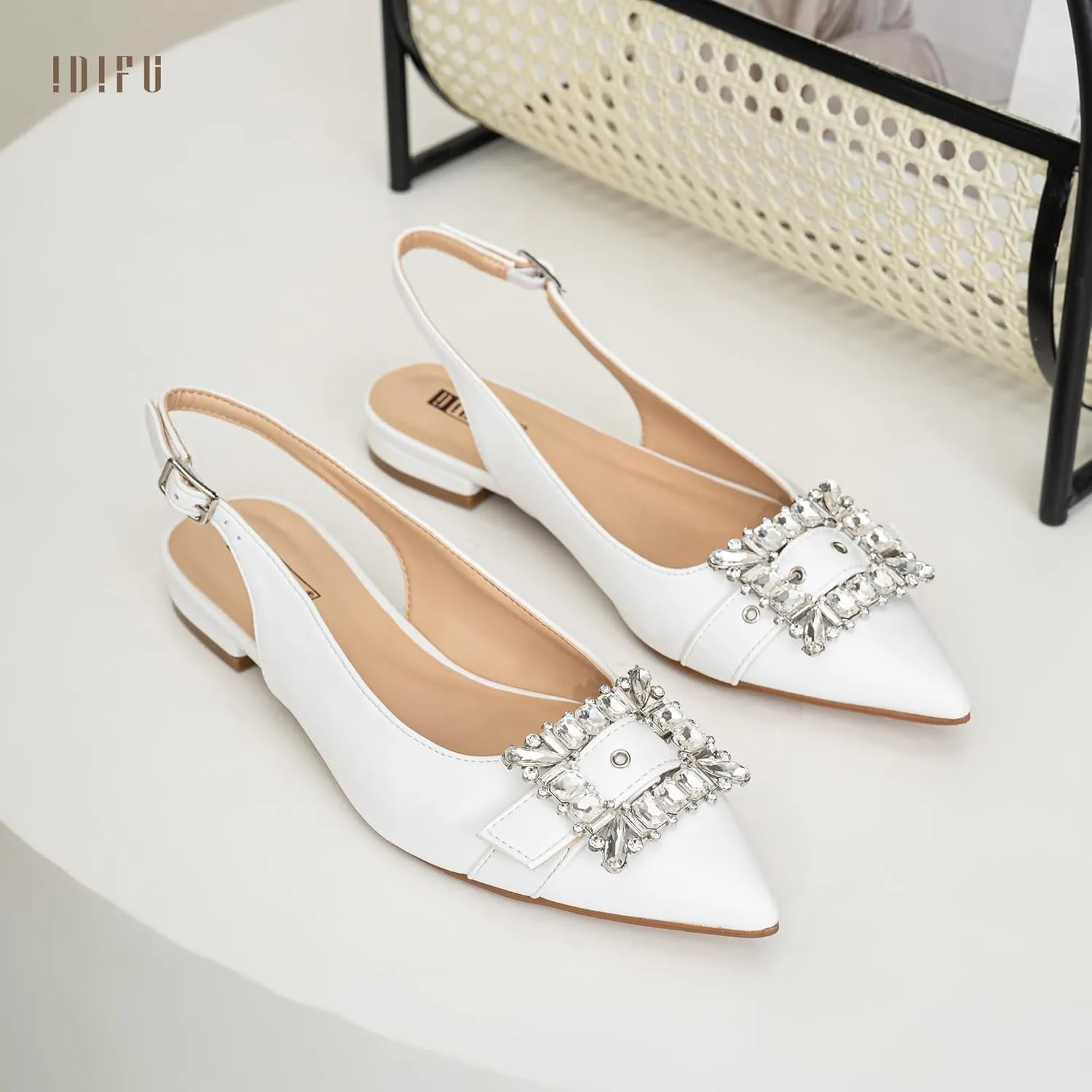 IDIFU Slingback Flats for Women Pointed Toe Rhinestone Buckle Flats for Women Dressy Casual Fashion Comfortable Sexy Work Office Daily Wedding Party Bridal Dress Shoes for Women