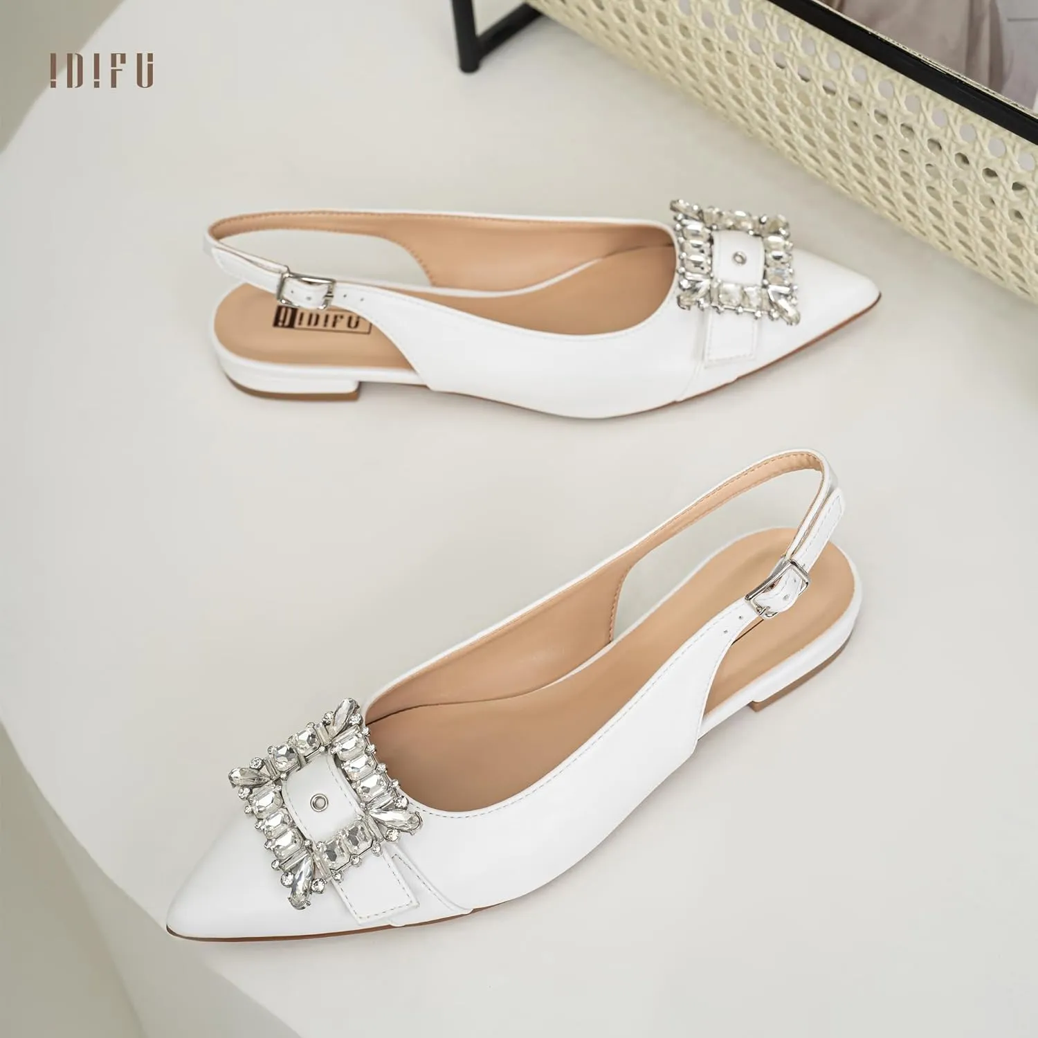 IDIFU Slingback Flats for Women Pointed Toe Rhinestone Buckle Flats for Women Dressy Casual Fashion Comfortable Sexy Work Office Daily Wedding Party Bridal Dress Shoes for Women