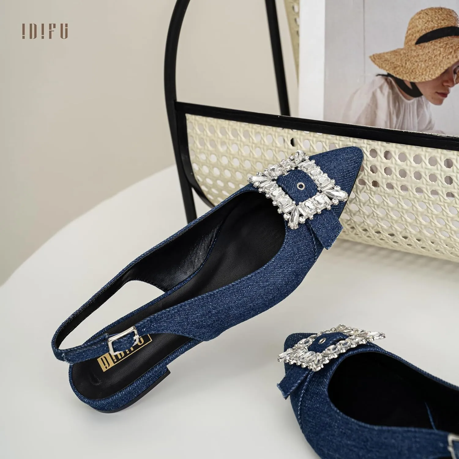 IDIFU Slingback Flats for Women Pointed Toe Rhinestone Buckle Flats for Women Dressy Casual Fashion Comfortable Sexy Work Office Daily Wedding Party Bridal Dress Shoes for Women