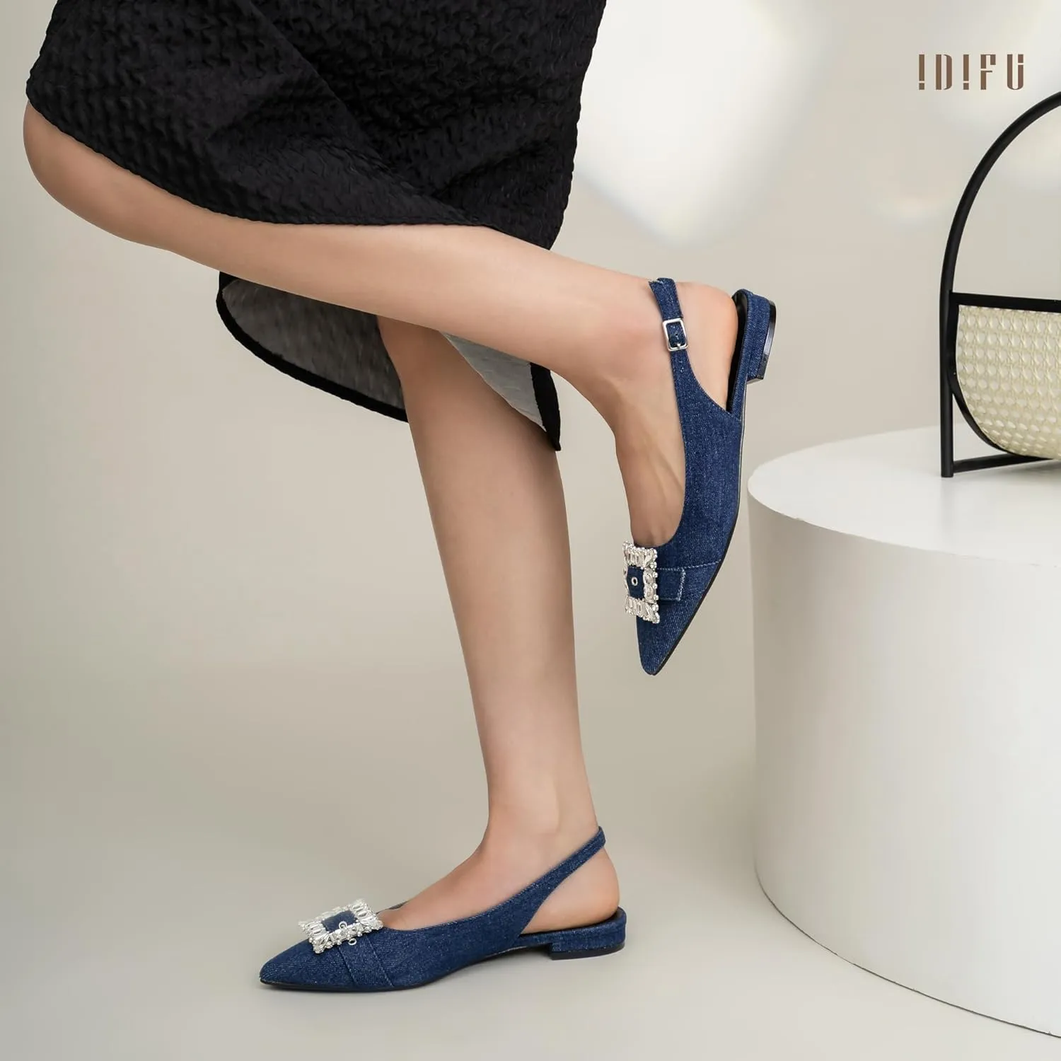 IDIFU Slingback Flats for Women Pointed Toe Rhinestone Buckle Flats for Women Dressy Casual Fashion Comfortable Sexy Work Office Daily Wedding Party Bridal Dress Shoes for Women