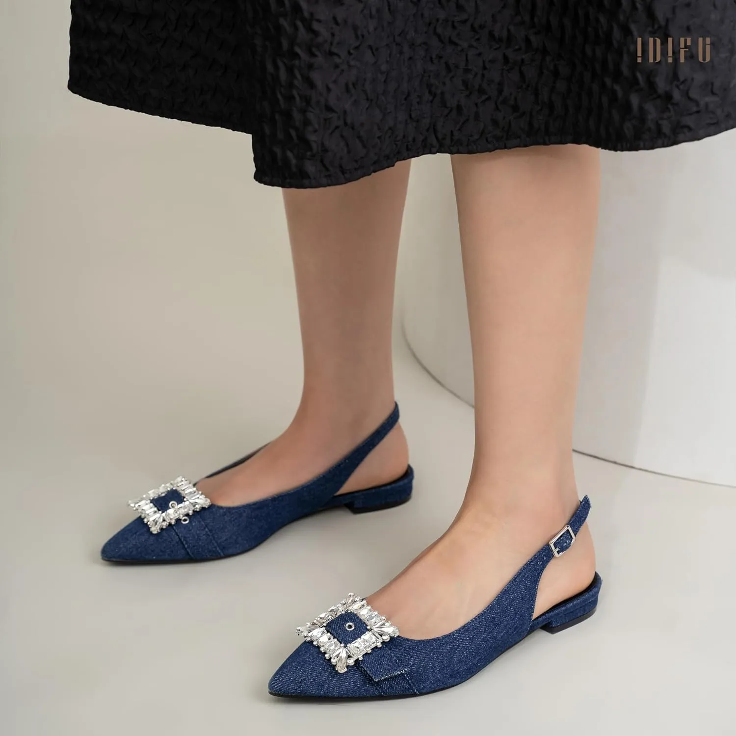 IDIFU Slingback Flats for Women Pointed Toe Rhinestone Buckle Flats for Women Dressy Casual Fashion Comfortable Sexy Work Office Daily Wedding Party Bridal Dress Shoes for Women