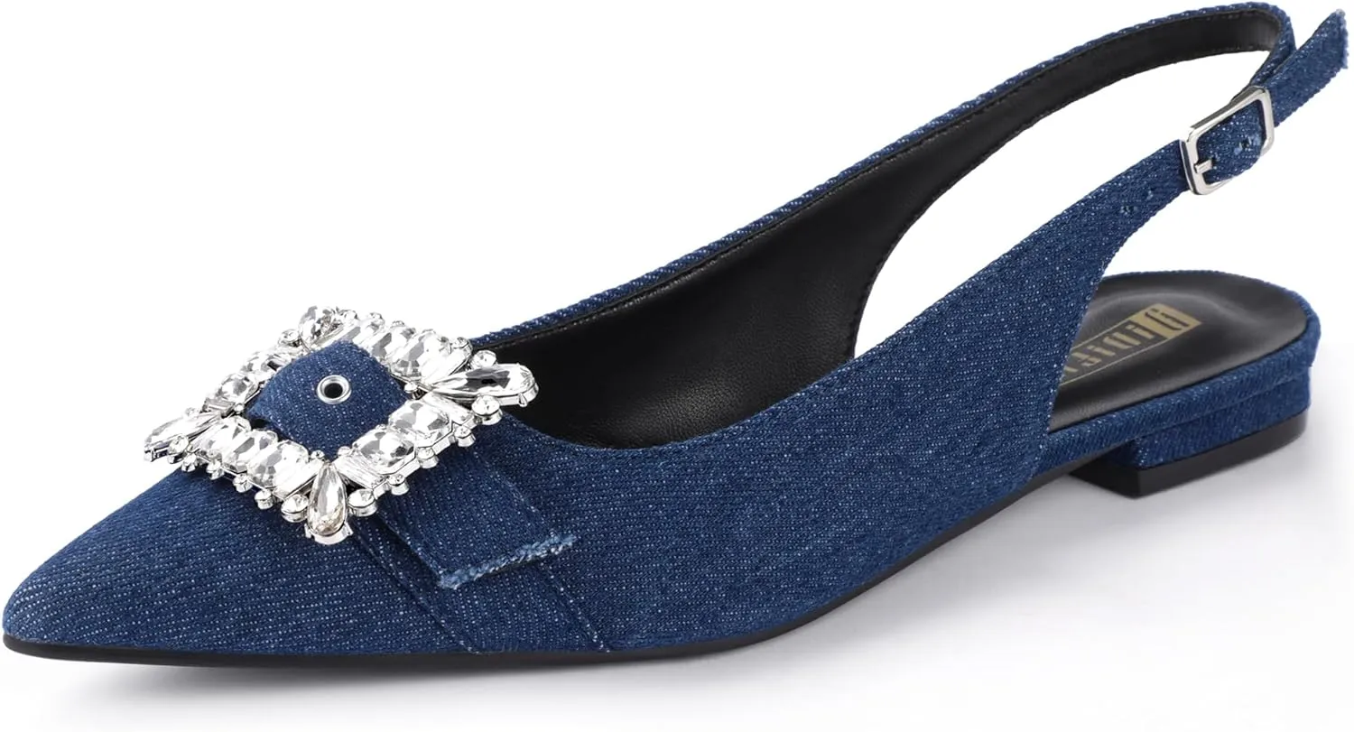 IDIFU Slingback Flats for Women Pointed Toe Rhinestone Buckle Flats for Women Dressy Casual Fashion Comfortable Sexy Work Office Daily Wedding Party Bridal Dress Shoes for Women