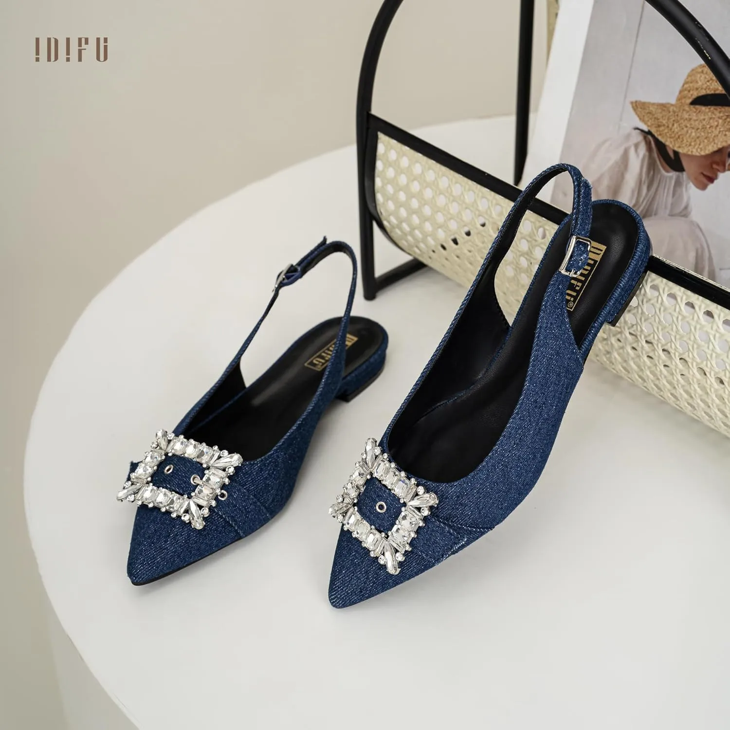 IDIFU Slingback Flats for Women Pointed Toe Rhinestone Buckle Flats for Women Dressy Casual Fashion Comfortable Sexy Work Office Daily Wedding Party Bridal Dress Shoes for Women