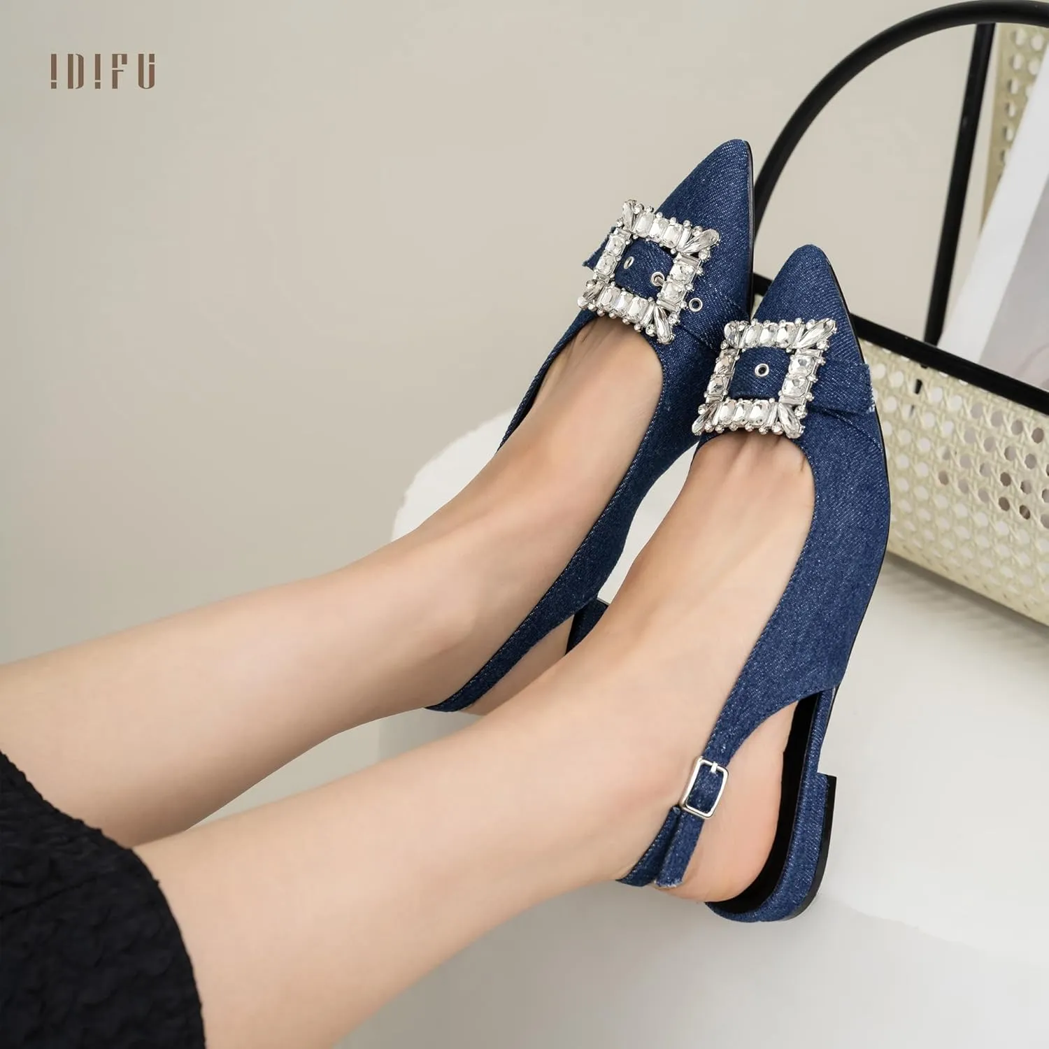 IDIFU Slingback Flats for Women Pointed Toe Rhinestone Buckle Flats for Women Dressy Casual Fashion Comfortable Sexy Work Office Daily Wedding Party Bridal Dress Shoes for Women