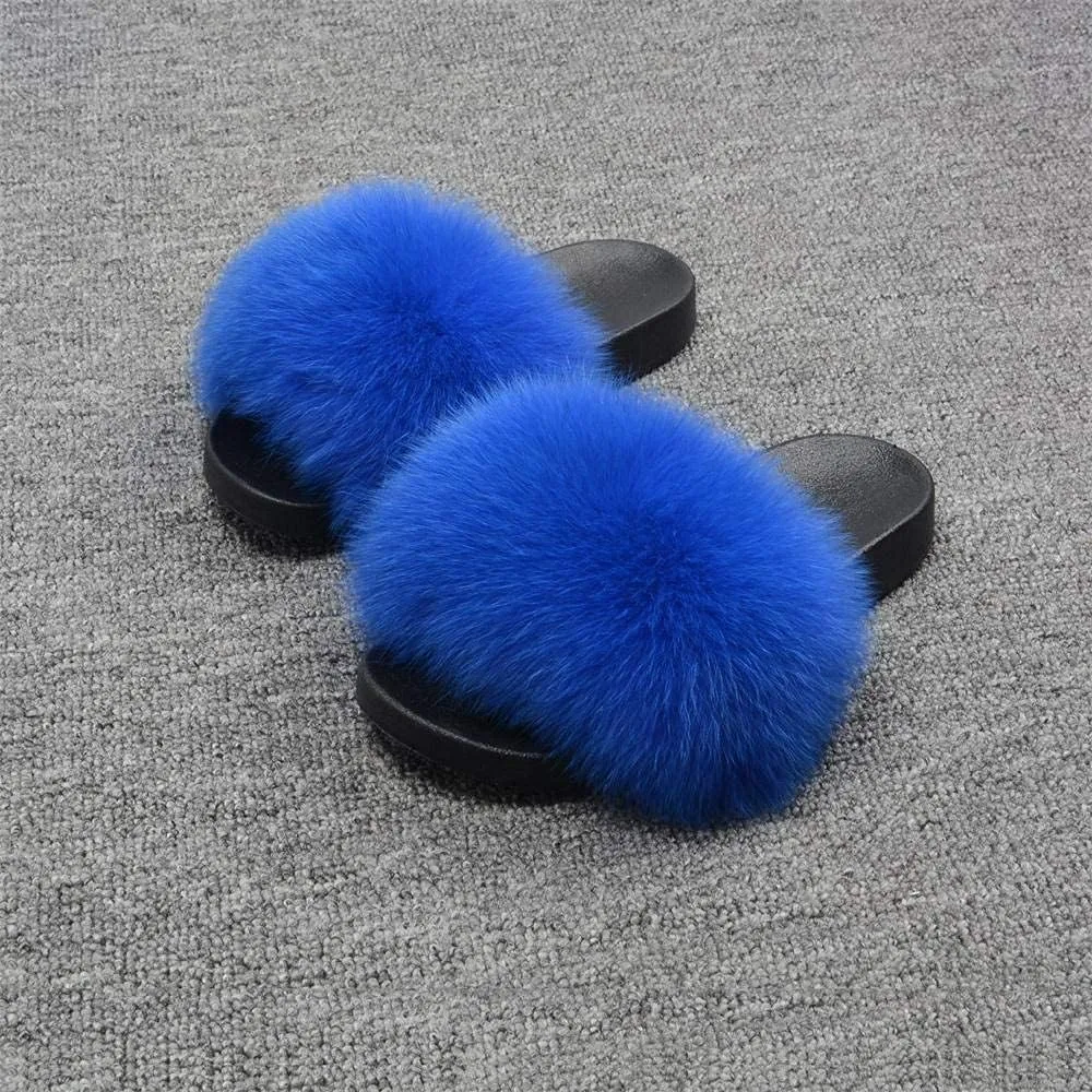 Jancoco Max Real Fox Fur Slides for Women - Fluffy Fur Slippers Open Toe Flat Sandals for Outdoor