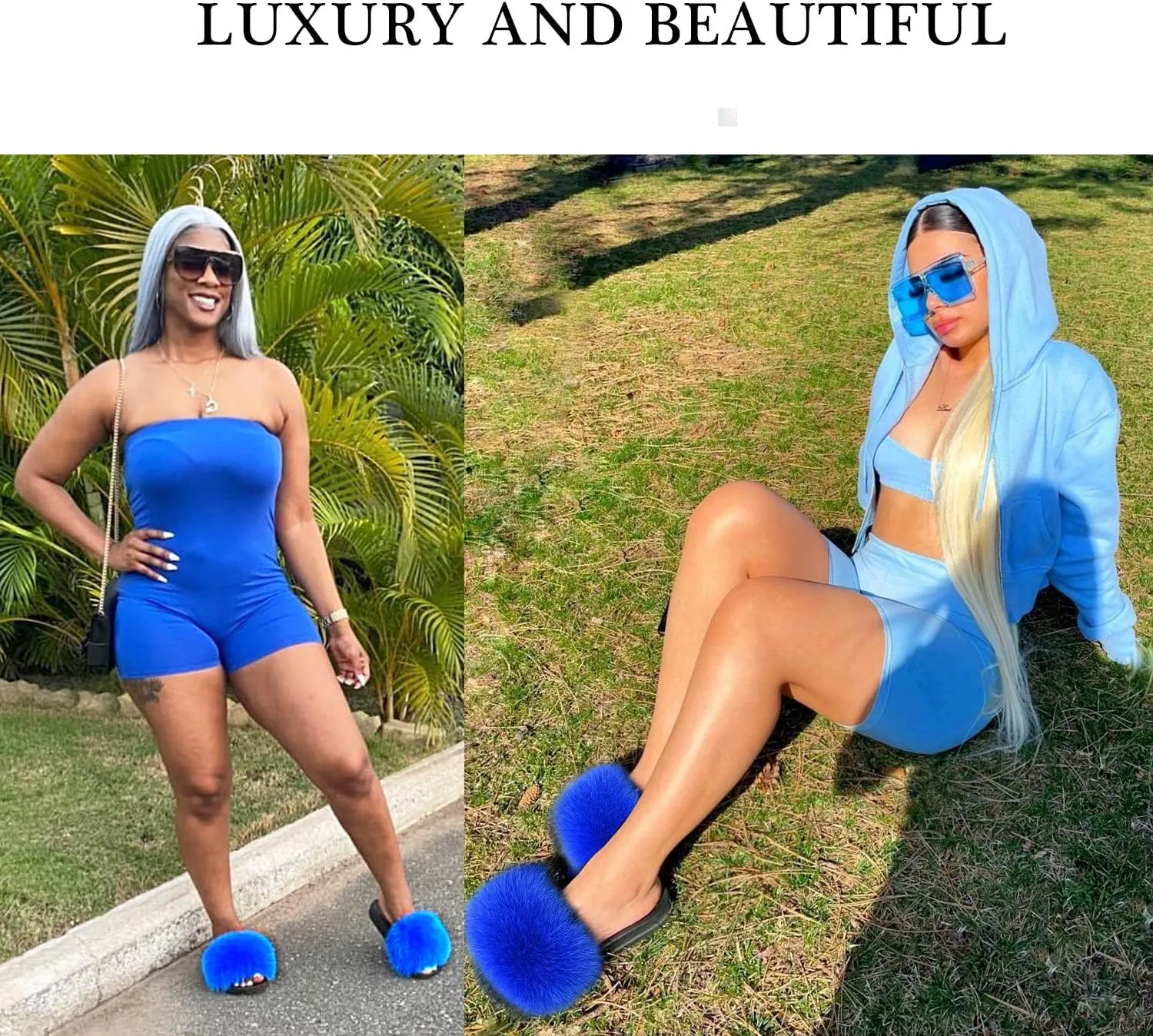 Jancoco Max Real Fox Fur Slides for Women - Fluffy Fur Slippers Open Toe Flat Sandals for Outdoor