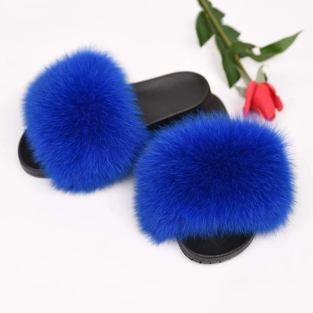 Jancoco Max Real Fox Fur Slides for Women - Fluffy Fur Slippers Open Toe Flat Sandals for Outdoor