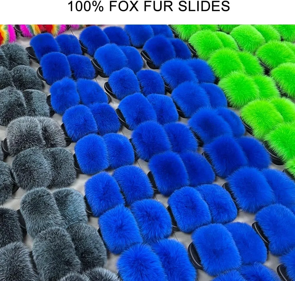 Jancoco Max Real Fox Fur Slides for Women - Fluffy Fur Slippers Open Toe Flat Sandals for Outdoor