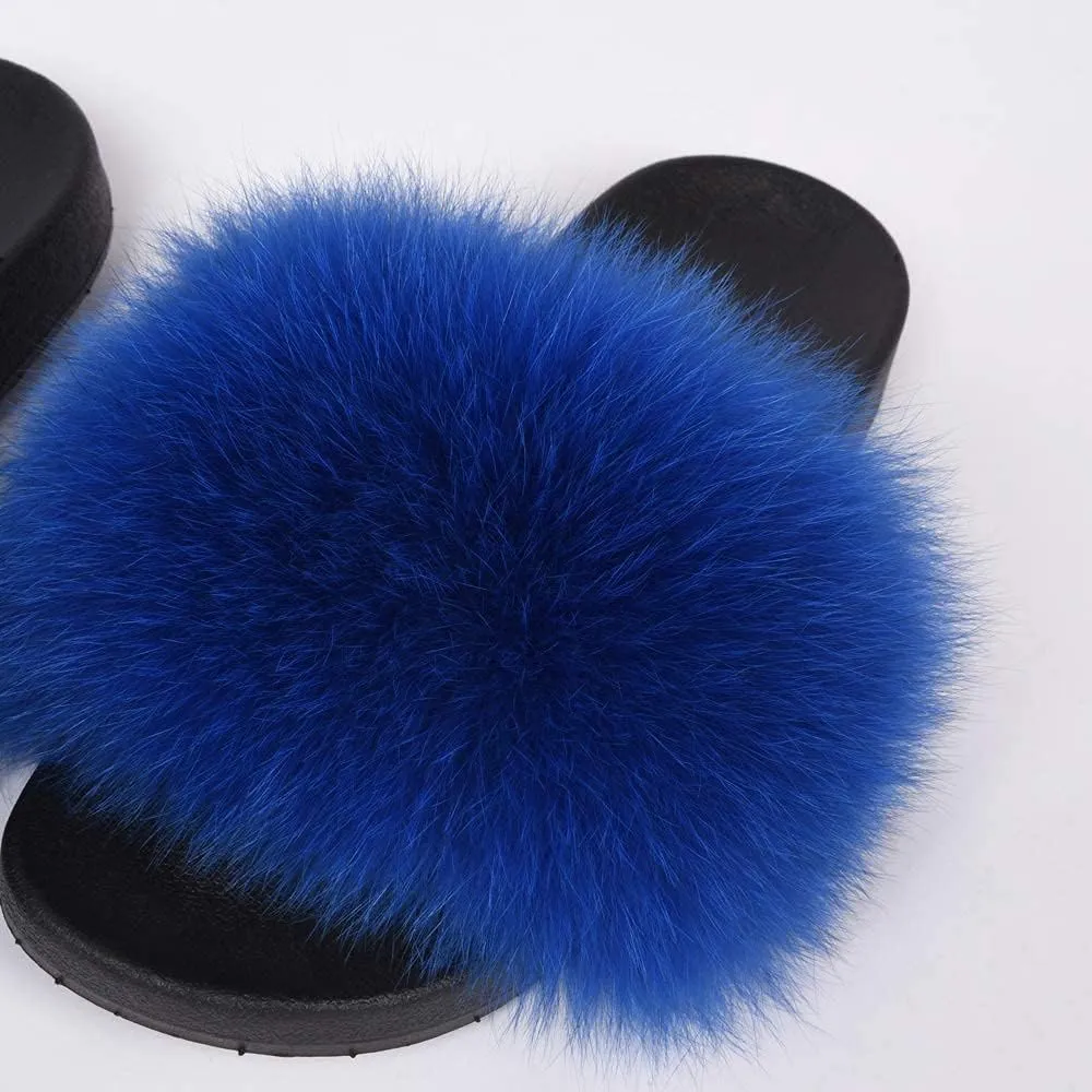 Jancoco Max Real Fox Fur Slides for Women - Fluffy Fur Slippers Open Toe Flat Sandals for Outdoor