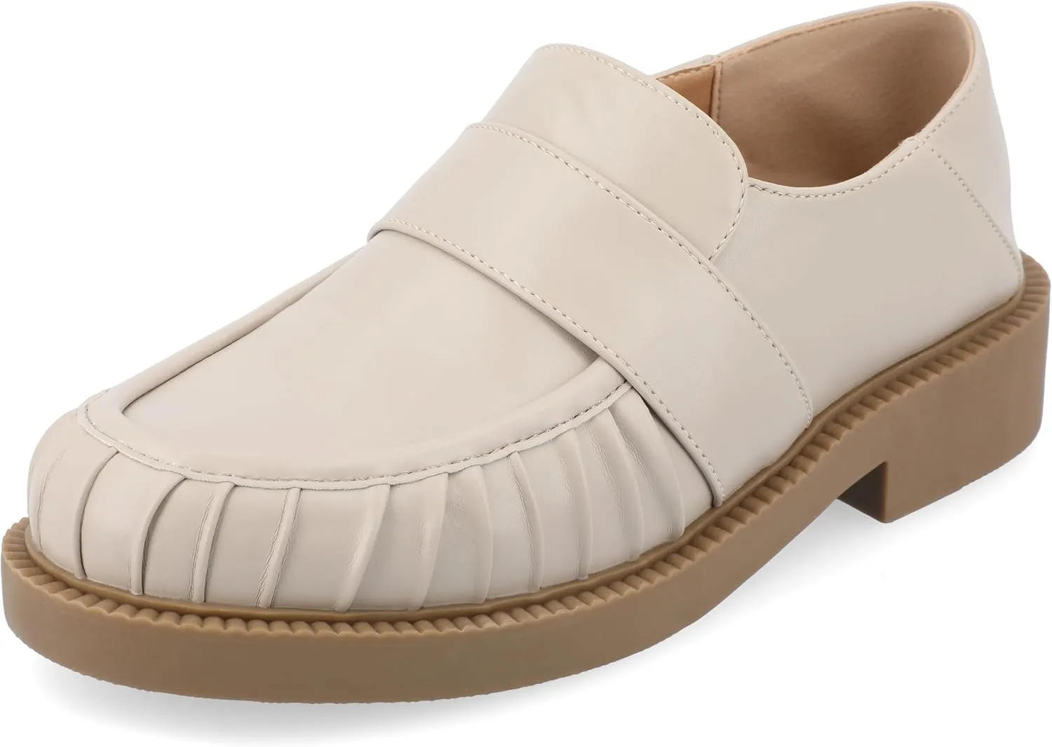 Journee Womens Ruched Lakenn Comfort Foam Slip On Closed Round Toe Crash Back Block Heel Loafer Flats Stone, 12