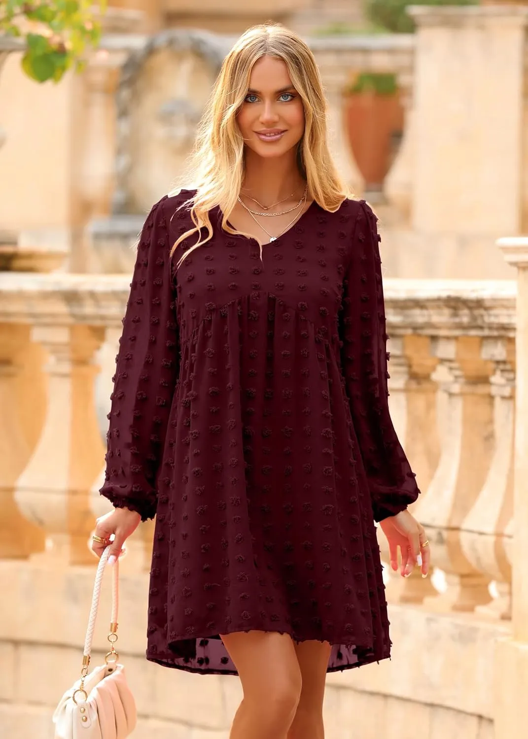 KIRUNDO Womens Dresses 2024 Spring Summer Long Sleeve Mini Dress V Neck Flowy Casual Swiss Dot Loose Babydoll Dress