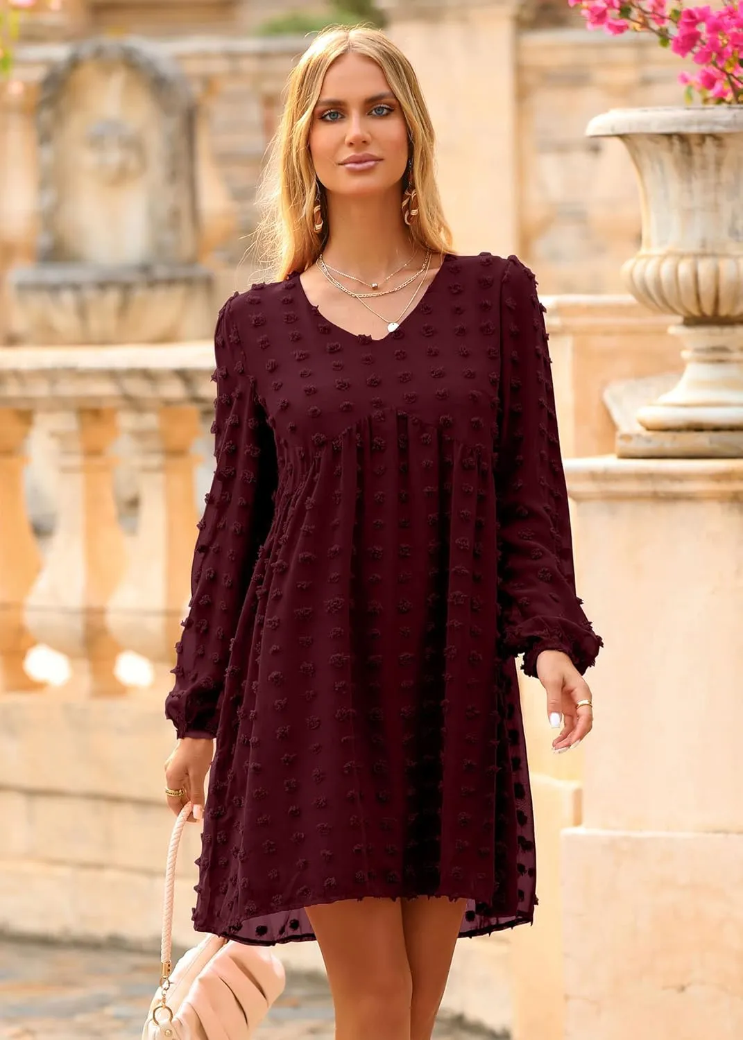 KIRUNDO Womens Dresses 2024 Spring Summer Long Sleeve Mini Dress V Neck Flowy Casual Swiss Dot Loose Babydoll Dress