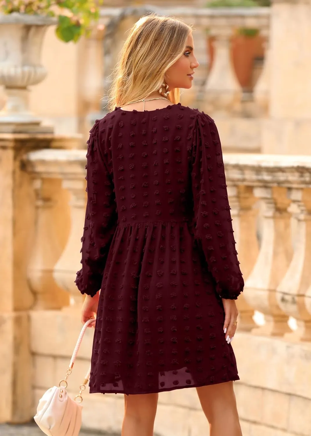 KIRUNDO Womens Dresses 2024 Spring Summer Long Sleeve Mini Dress V Neck Flowy Casual Swiss Dot Loose Babydoll Dress