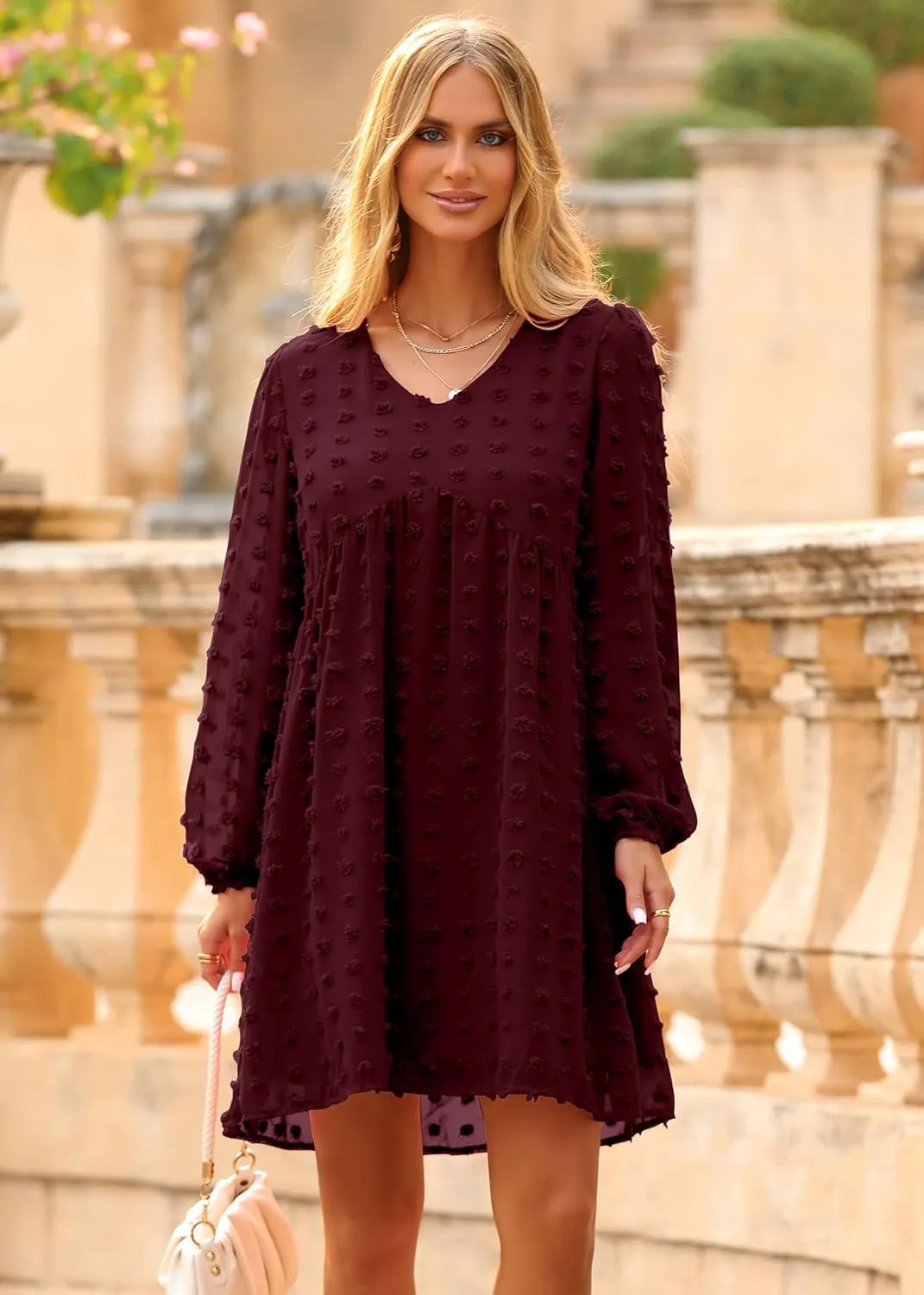 KIRUNDO Womens Dresses 2024 Spring Summer Long Sleeve Mini Dress V Neck Flowy Casual Swiss Dot Loose Babydoll Dress