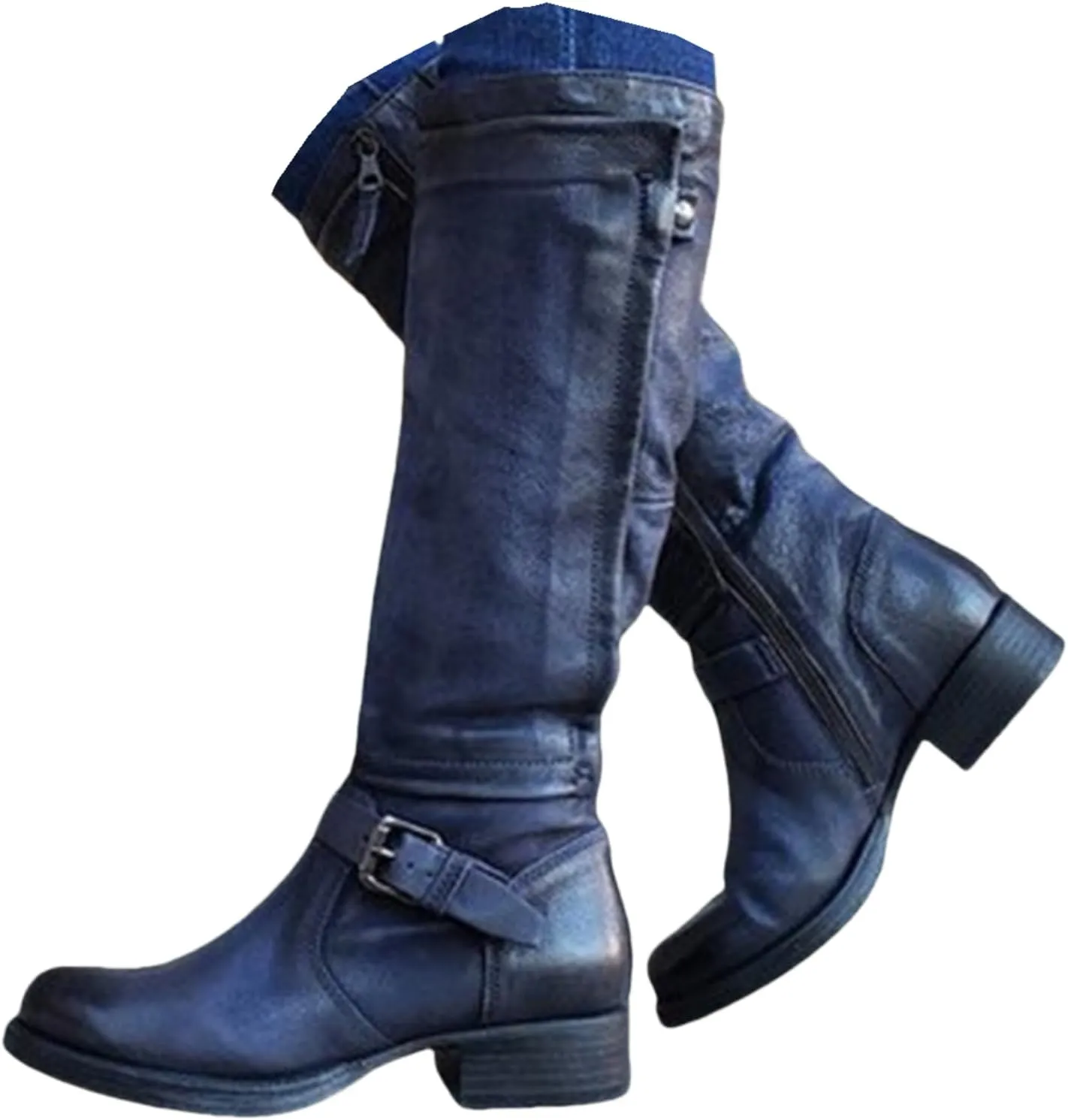 Lausiuoe Knee High Boots Women Wide Calf Flat Heel Stylish Comfortable Round Toe Flat Tall Riding Biker Motorcycle Boots