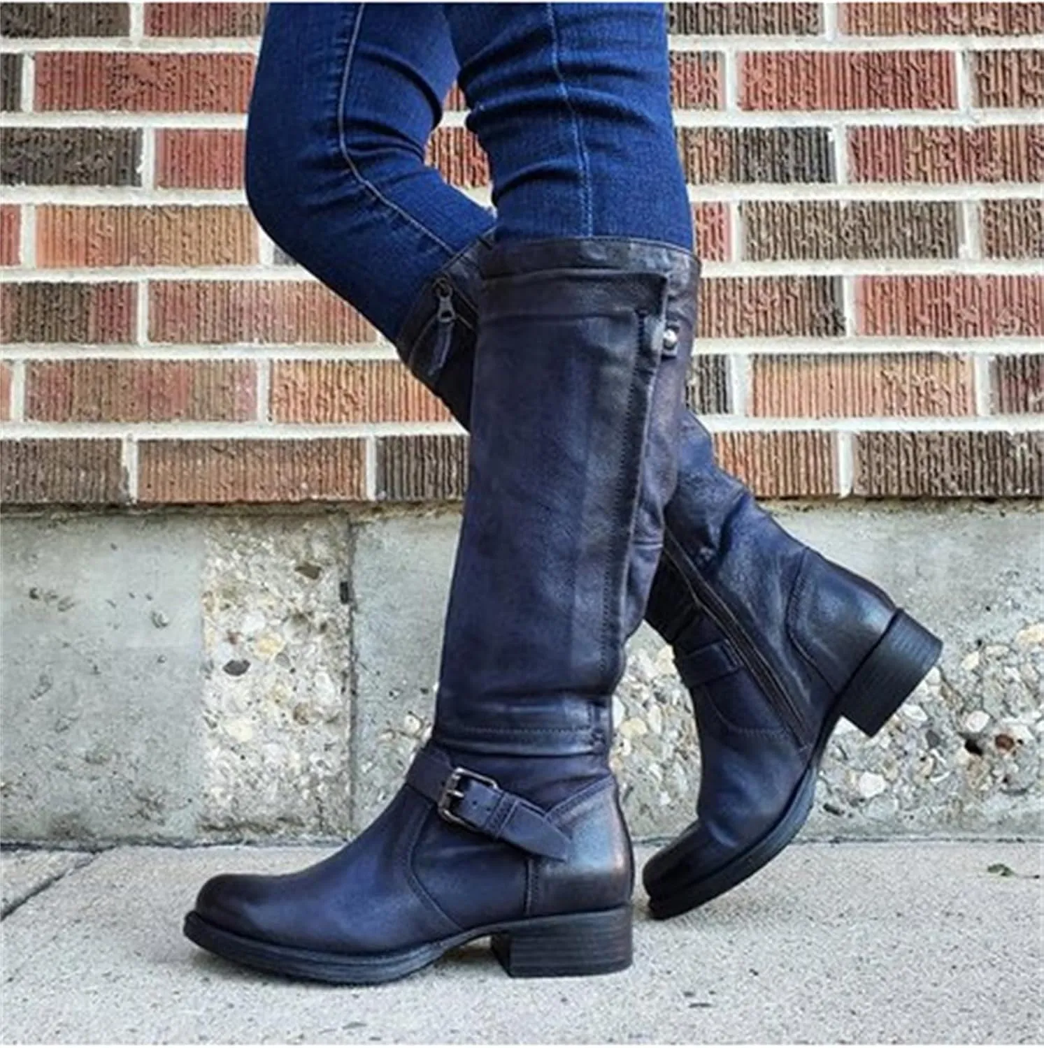 Lausiuoe Knee High Boots Women Wide Calf Flat Heel Stylish Comfortable Round Toe Flat Tall Riding Biker Motorcycle Boots