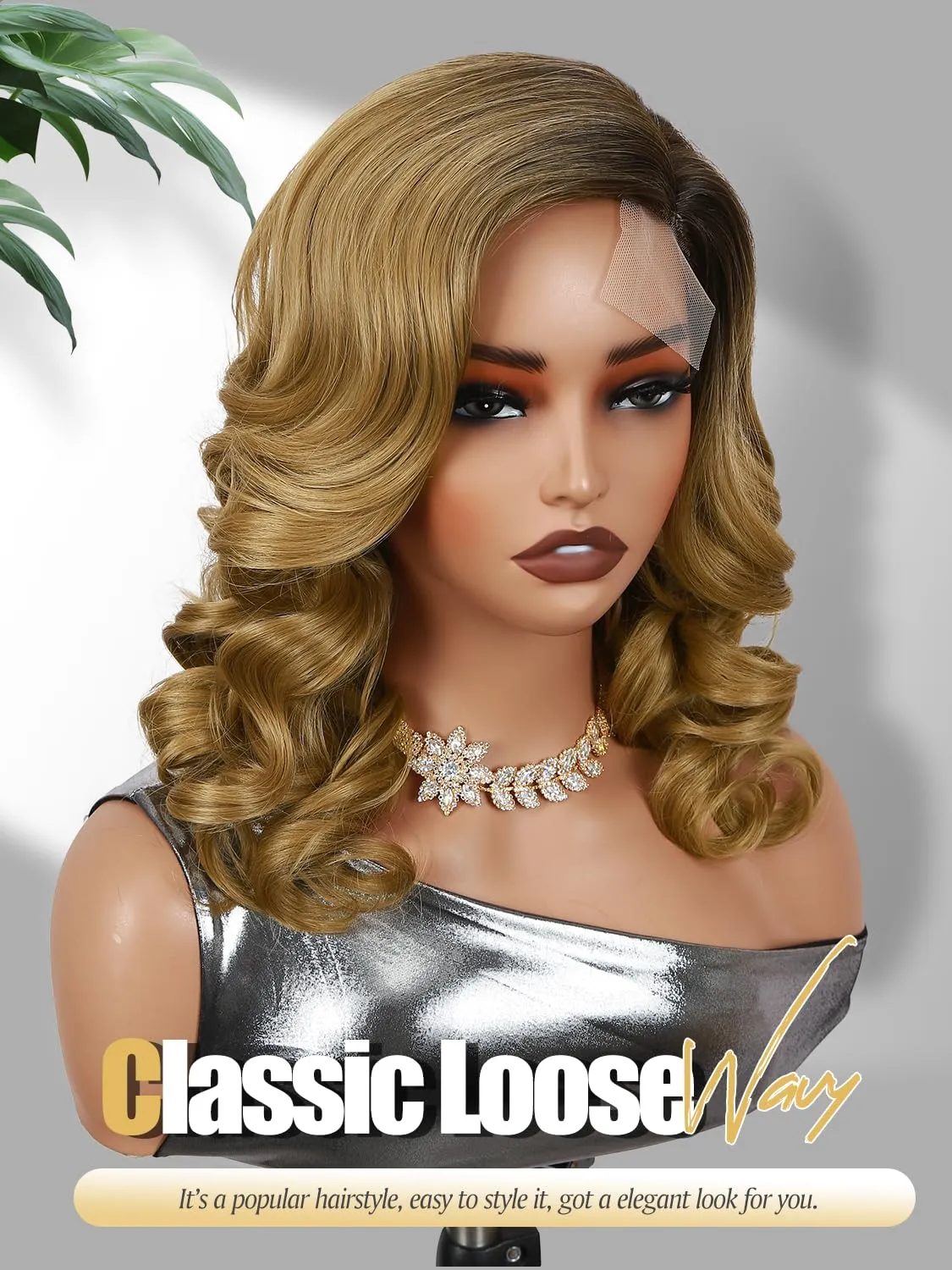 Loose Wave Short Body Wavy Wig Big Curly Lady Small Lace Side Part Shoulder Length Wigs Synthetic Wig for Black Women (Ombre Blonde 16 inch)