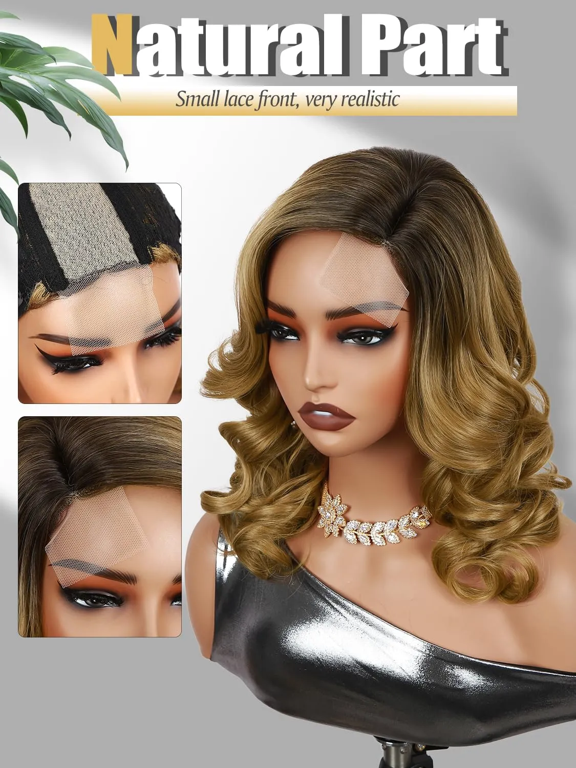 Loose Wave Short Body Wavy Wig Big Curly Lady Small Lace Side Part Shoulder Length Wigs Synthetic Wig for Black Women (Ombre Blonde 16 inch)