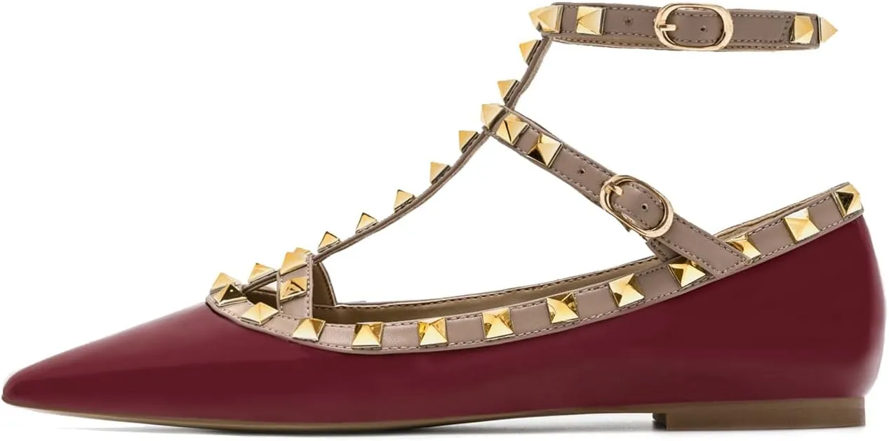 Lymphvity Women's Closed Pointed Toe Studs T-Strap Flat Shoes Fashion Adjustable Ankle Strap Rivet Gladiator Flats Dress Shoes for Work Party