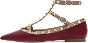 Lymphvity Women's Closed Pointed Toe Studs T-Strap Flat Shoes Fashion Adjustable Ankle Strap Rivet Gladiator Flats Dress Shoes for Work Party