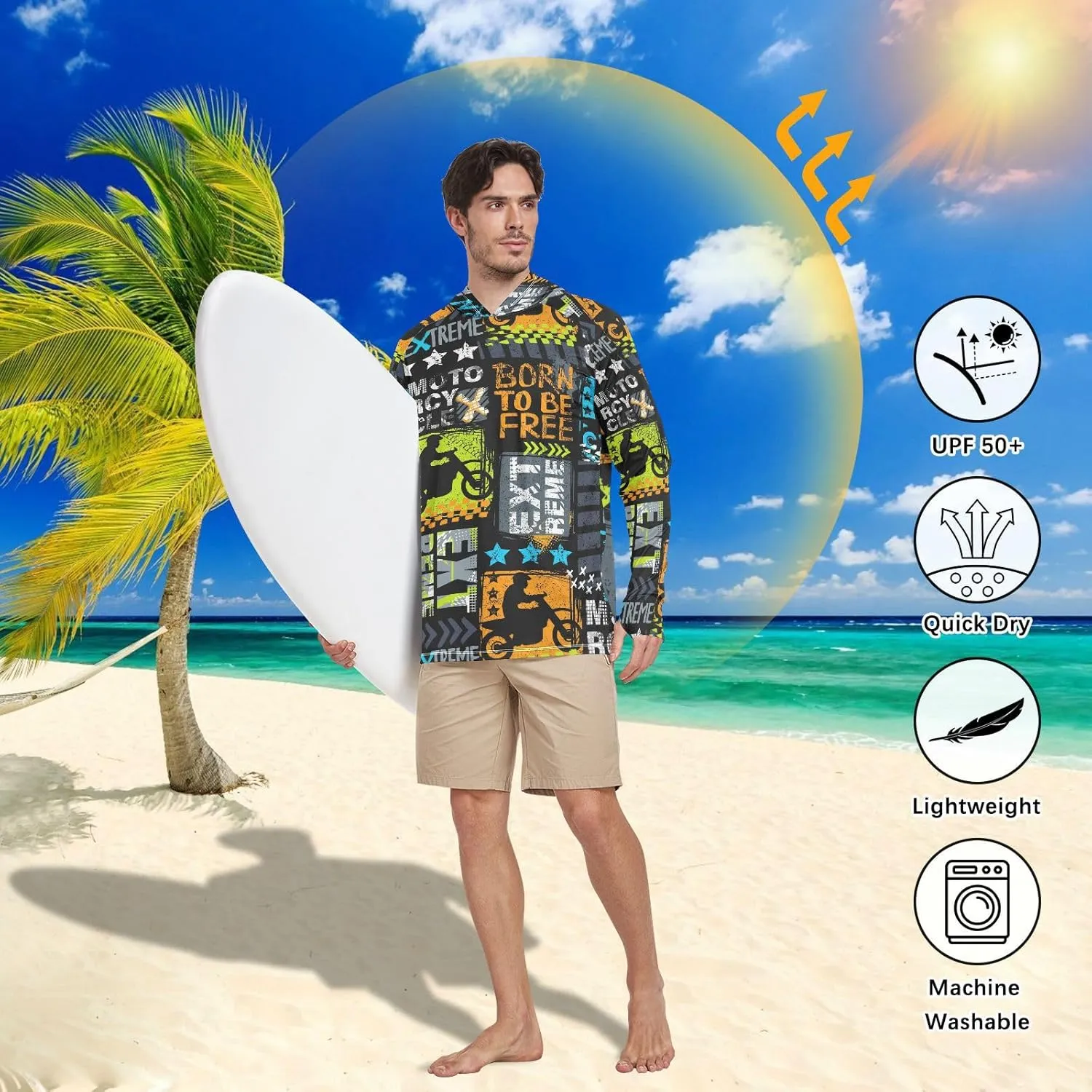 Men Sun Protection Hoodies Long Sleeve Grunge Urban Sun Shirt with Hood UPF 50  Cooling Hoodies Rash Guard Shirts