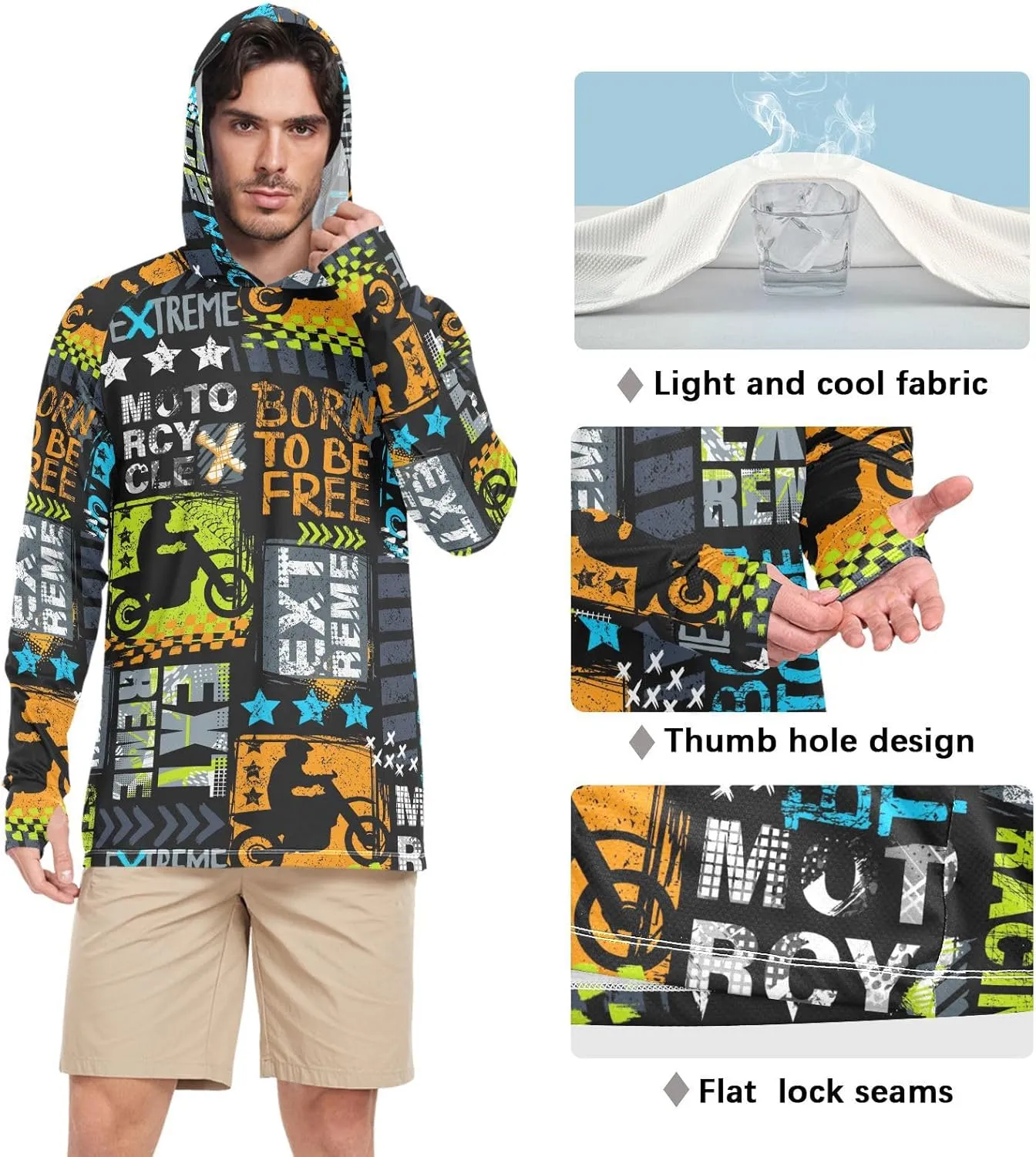 Men Sun Protection Hoodies Long Sleeve Grunge Urban Sun Shirt with Hood UPF 50  Cooling Hoodies Rash Guard Shirts