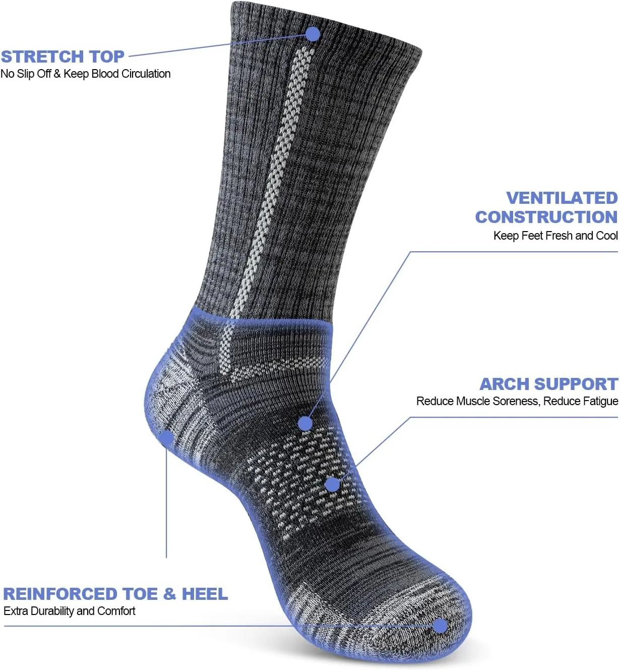 Men's Cotton Crew Work Socks, 5 Pairs Cushioned Boot Moisture Athletic Socks for Hiking Sports Running