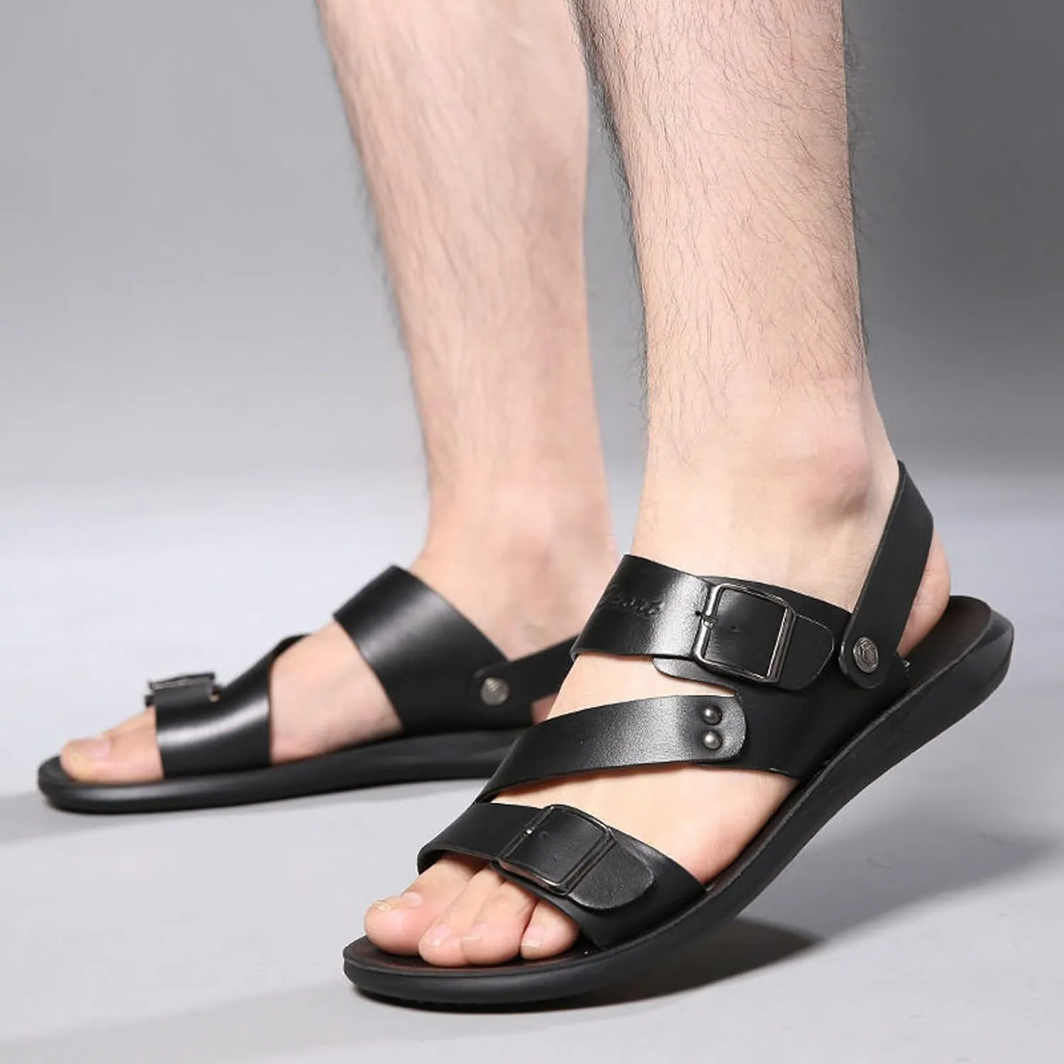 Men's Leather Flat Fisherman Sandals with Adjust Buckle Strap Summer Breatheable Non-Slip Open Toe Outdoor Walking Sandals