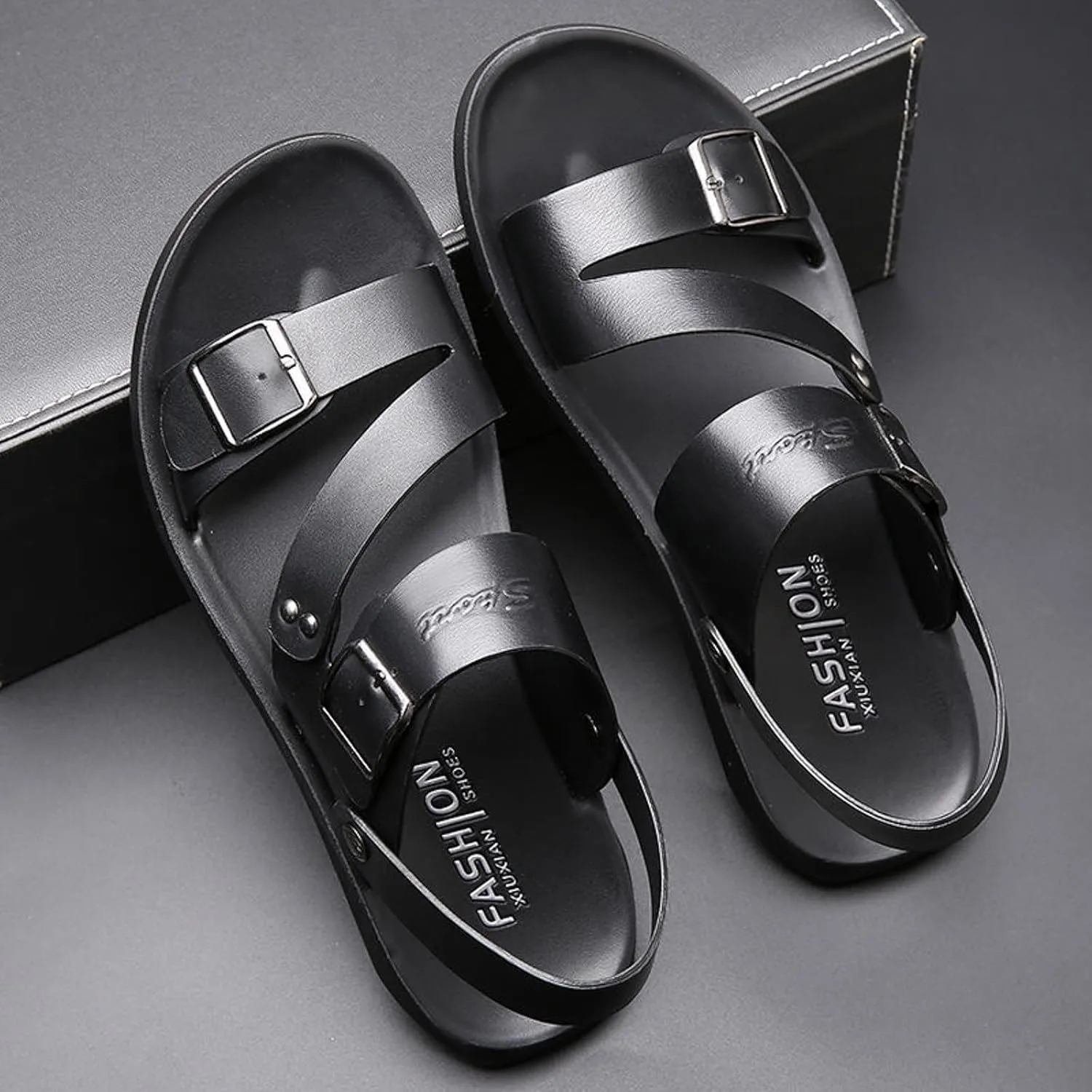 Men's Leather Flat Fisherman Sandals with Adjust Buckle Strap Summer Breatheable Non-Slip Open Toe Outdoor Walking Sandals