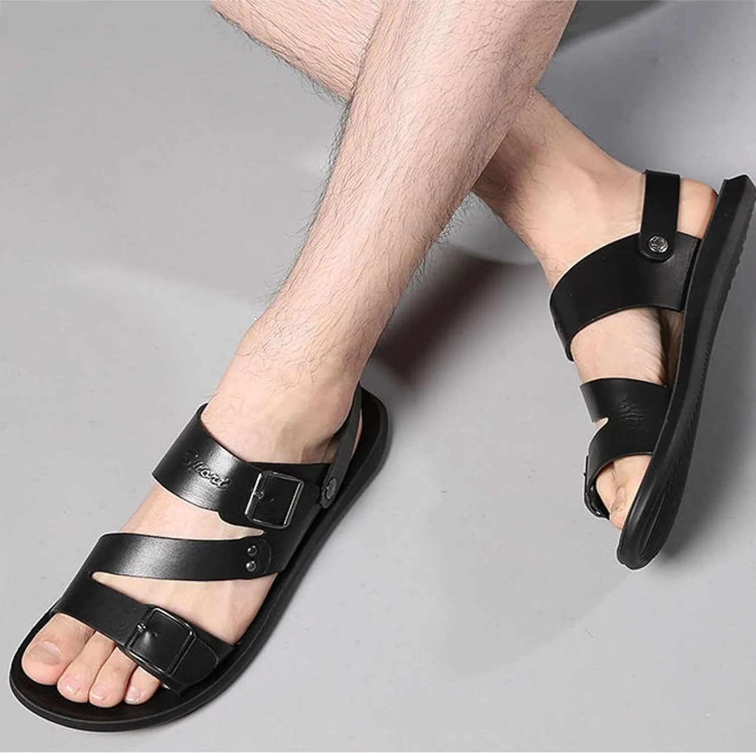 Men's Leather Flat Fisherman Sandals with Adjust Buckle Strap Summer Breatheable Non-Slip Open Toe Outdoor Walking Sandals