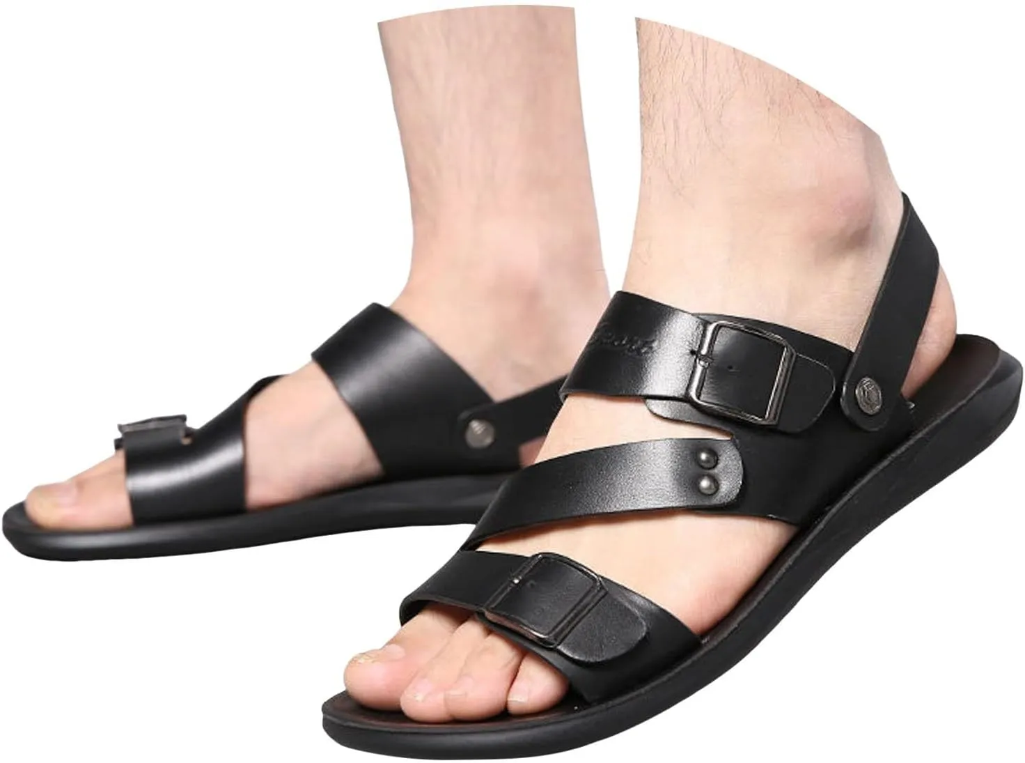 Men's Leather Flat Fisherman Sandals with Adjust Buckle Strap Summer Breatheable Non-Slip Open Toe Outdoor Walking Sandals