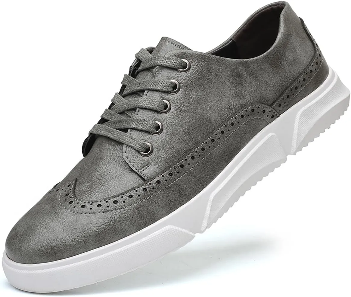 Men's Leather Flat Oxford Sneakers Fashion Brogues Wing Tip Lace Up Cap Toe Soft Sole Casual Dress Loafers for Business Office Work