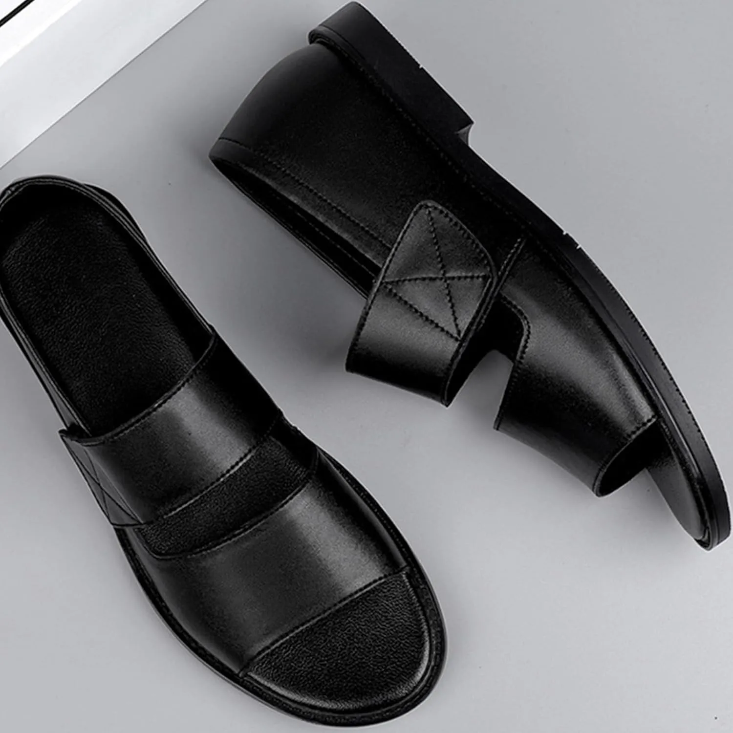 Men's Leather Sandals with Hook Loop Non-Slip Breathable Open Toe Water Shoes for Beach Walking Swimming Quick-Dry Non-Slip Flat Sole Business Casual Fisherman Sandals