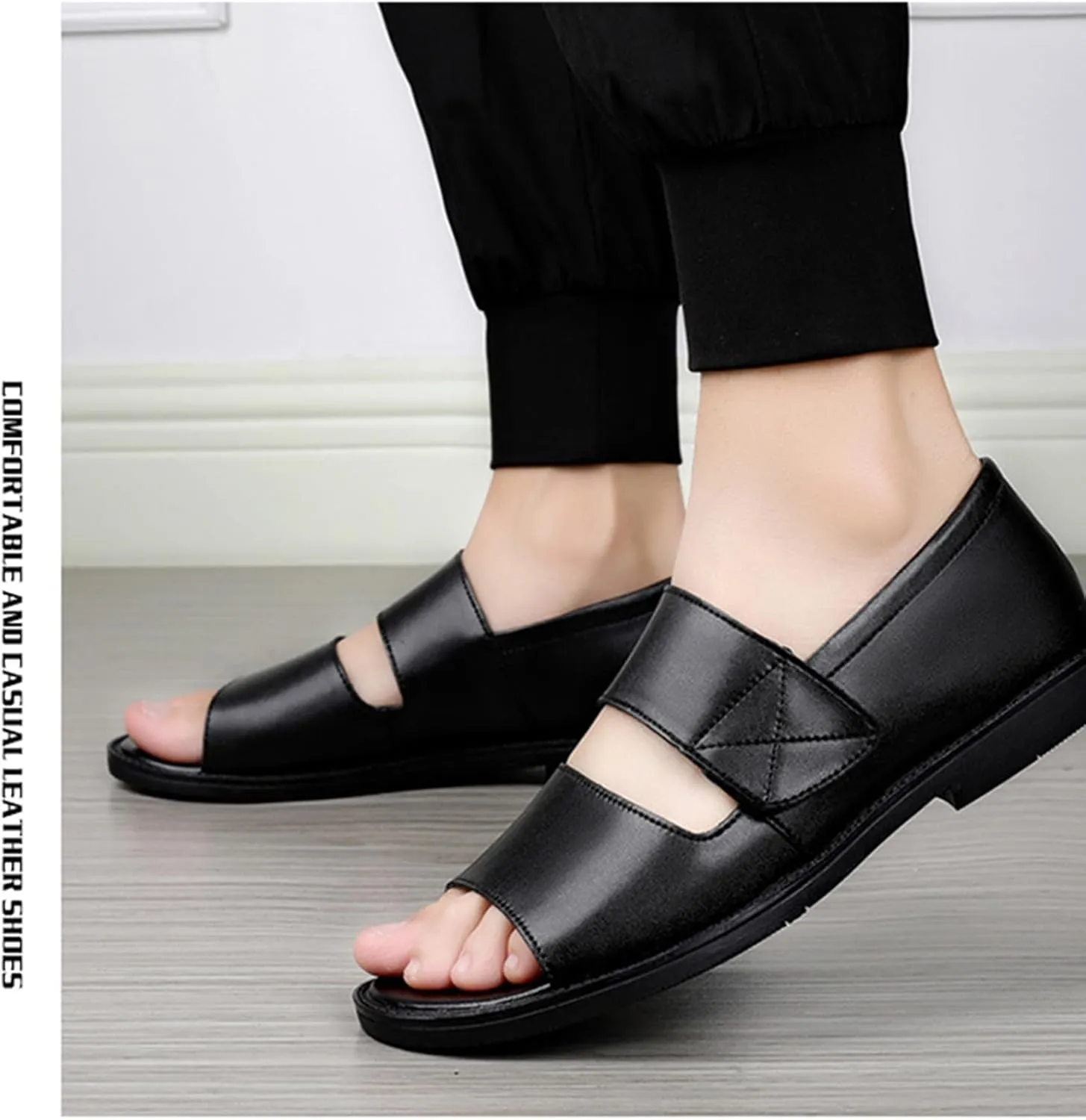 Men's Leather Sandals with Hook Loop Non-Slip Breathable Open Toe Water Shoes for Beach Walking Swimming Quick-Dry Non-Slip Flat Sole Business Casual Fisherman Sandals