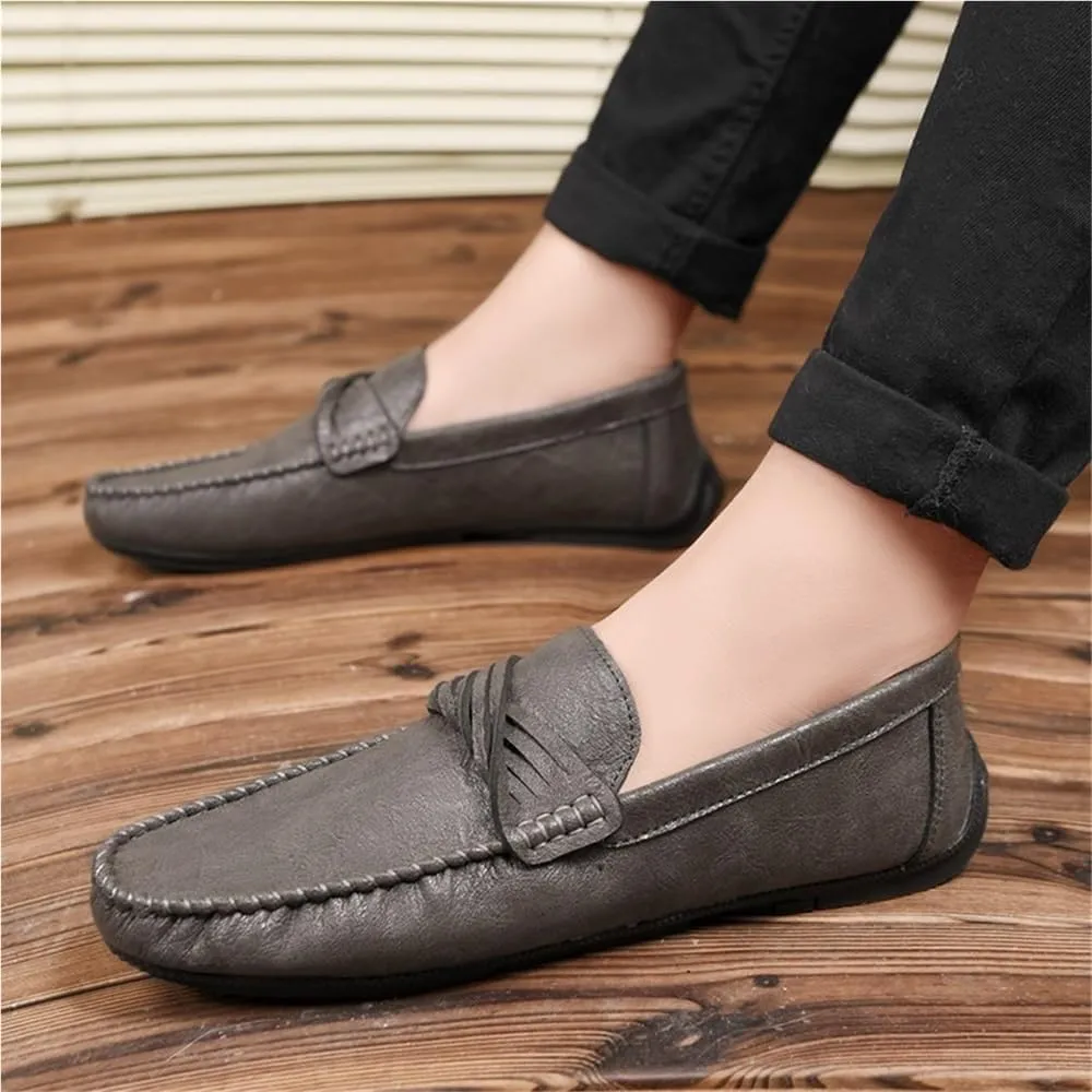 Mens Loafers Round Toe Moccasins Simple Vegan Leather Anti-Slip Flat Heel Resistant Party Slip-on