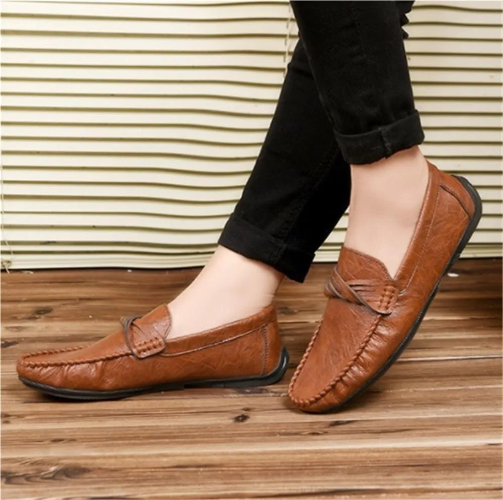 Mens Loafers Round Toe Moccasins Simple Vegan Leather Anti-Slip Flat Heel Resistant Party Slip-on