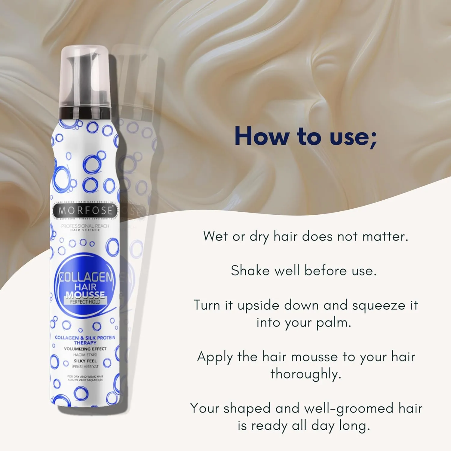 Morfose Collagen & Silk Protein Hair Mousse for Women - Volumizing Mousse for Hair Styling with Silky Feel and Grip Strength, Achieve Voluminous Hair with Protein Therapy (6.76 Fl oz, Collagen)