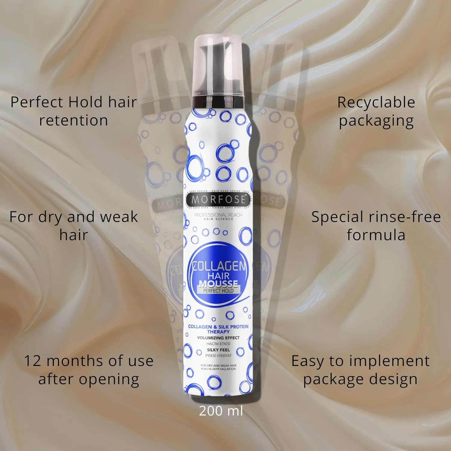 Morfose Collagen & Silk Protein Hair Mousse for Women - Volumizing Mousse for Hair Styling with Silky Feel and Grip Strength, Achieve Voluminous Hair with Protein Therapy (6.76 Fl oz, Collagen)