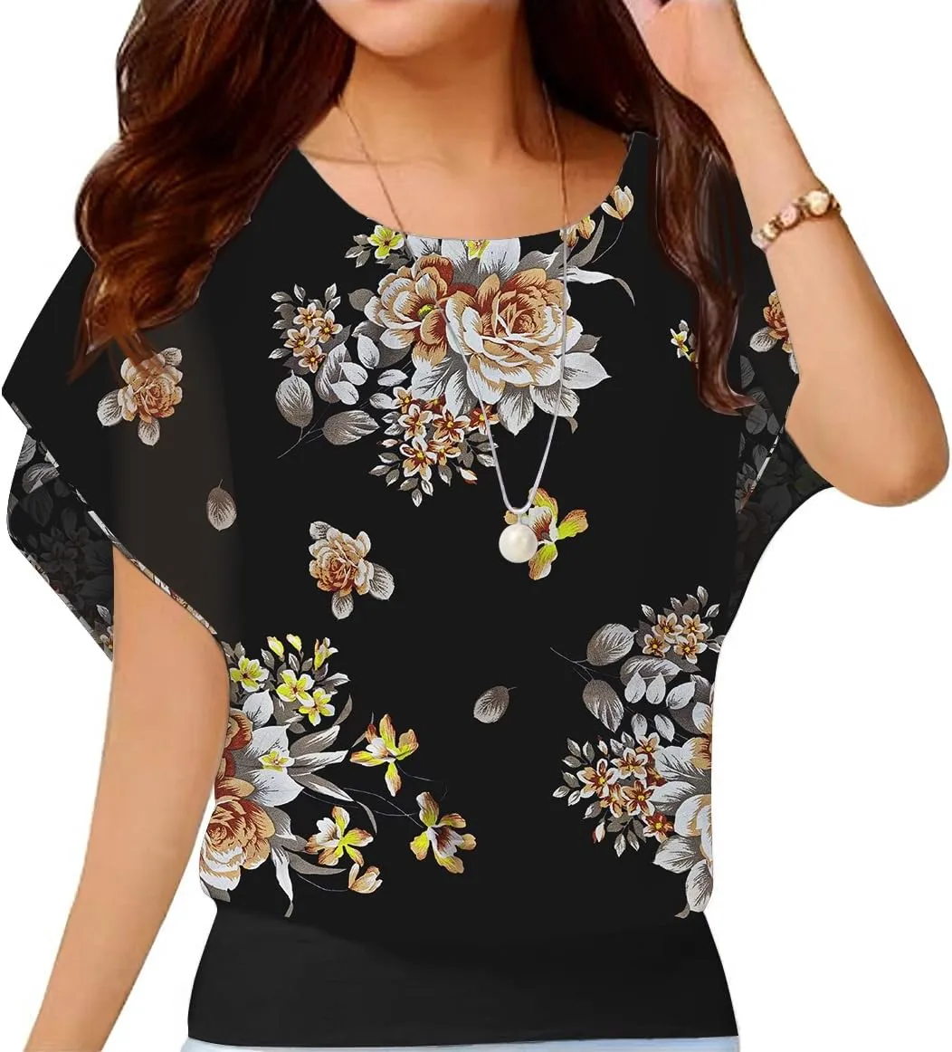 Neineiwu Women's Summer Loose Casual Short Sleeve Chiffon Top T-Shirt Blouse