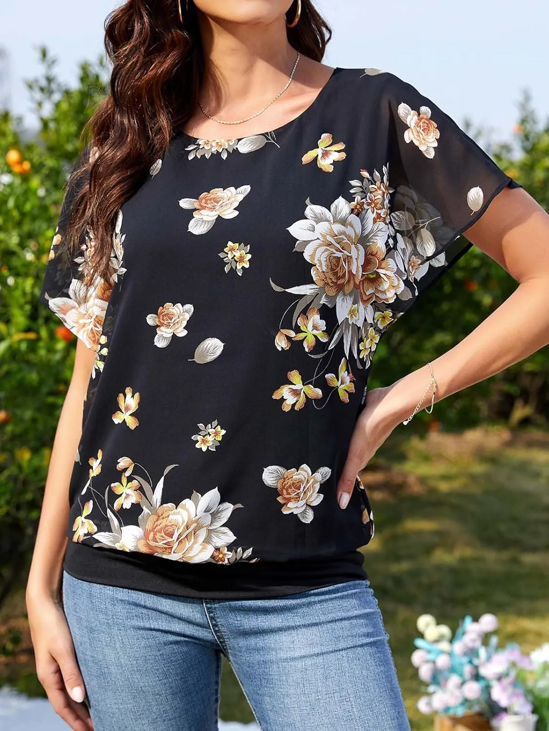 Neineiwu Women's Summer Loose Casual Short Sleeve Chiffon Top T-Shirt Blouse