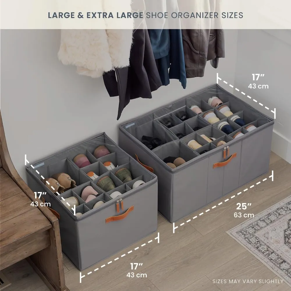OrganiHaus Shoe Organizer for Closet and Entryway, Fits up to 24 Pairs, Extra Large Shoe Storage Box, Foldable Shoes Storage Bins, Shoes Container w/Reinforced Handles and Clear Cover - Gray
