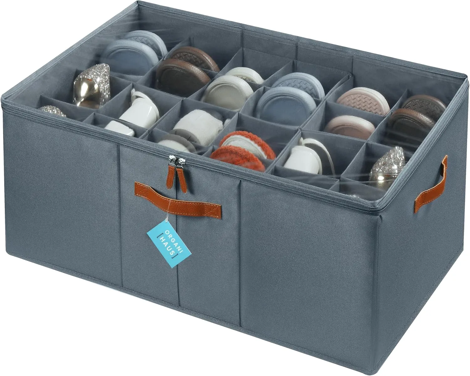 OrganiHaus Shoe Organizer for Closet and Entryway, Fits up to 24 Pairs, Extra Large Shoe Storage Box, Foldable Shoes Storage Bins, Shoes Container w/Reinforced Handles and Clear Cover - Gray
