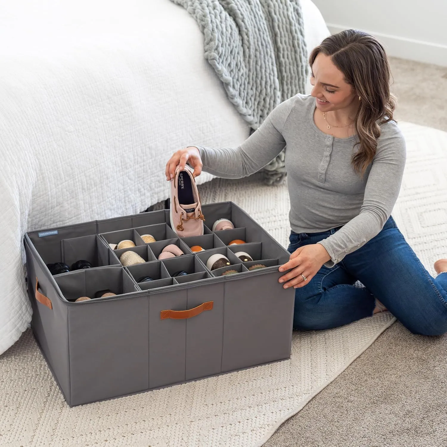 OrganiHaus Shoe Organizer for Closet and Entryway, Fits up to 24 Pairs, Extra Large Shoe Storage Box, Foldable Shoes Storage Bins, Shoes Container w/Reinforced Handles and Clear Cover - Gray