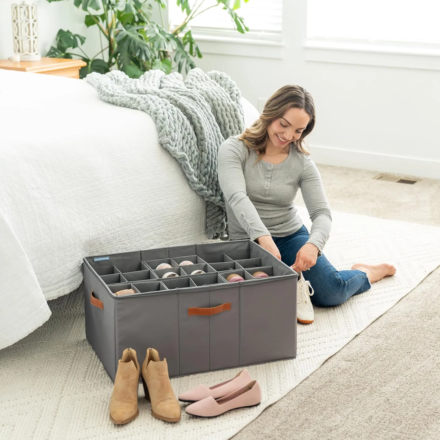 OrganiHaus Shoe Organizer for Closet and Entryway, Fits up to 24 Pairs, Extra Large Shoe Storage Box, Foldable Shoes Storage Bins, Shoes Container w/Reinforced Handles and Clear Cover - Gray