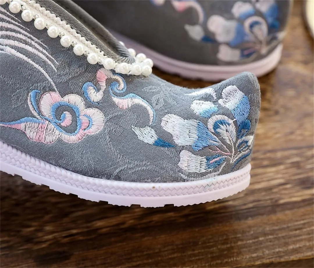 Pearls Chains Women Cotton Fabric Hanfu Flat Shoes Chinese Tradition Embroidered Platform Shoes For Ladies Wedding