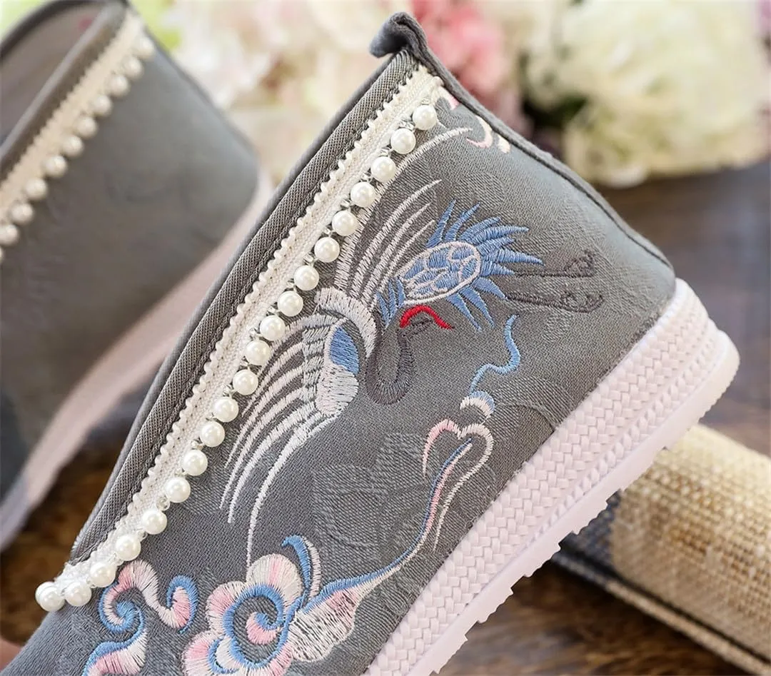 Pearls Chains Women Cotton Fabric Hanfu Flat Shoes Chinese Tradition Embroidered Platform Shoes For Ladies Wedding